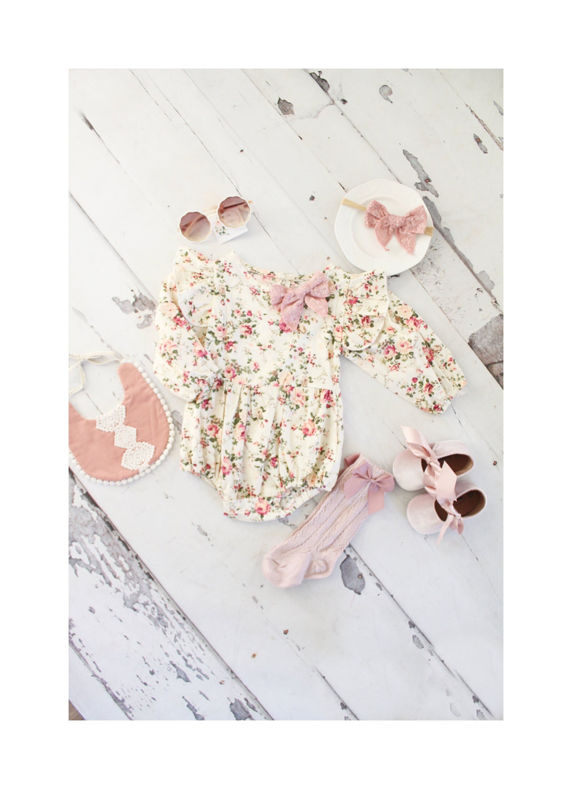 Baby Girl Holiday Boho Floral Romper Outfit, Ruffle Pants, Eyelet Lace Bow Headband Bow Socks Boho Chic 1st Birthday Christmas Thanksgiving