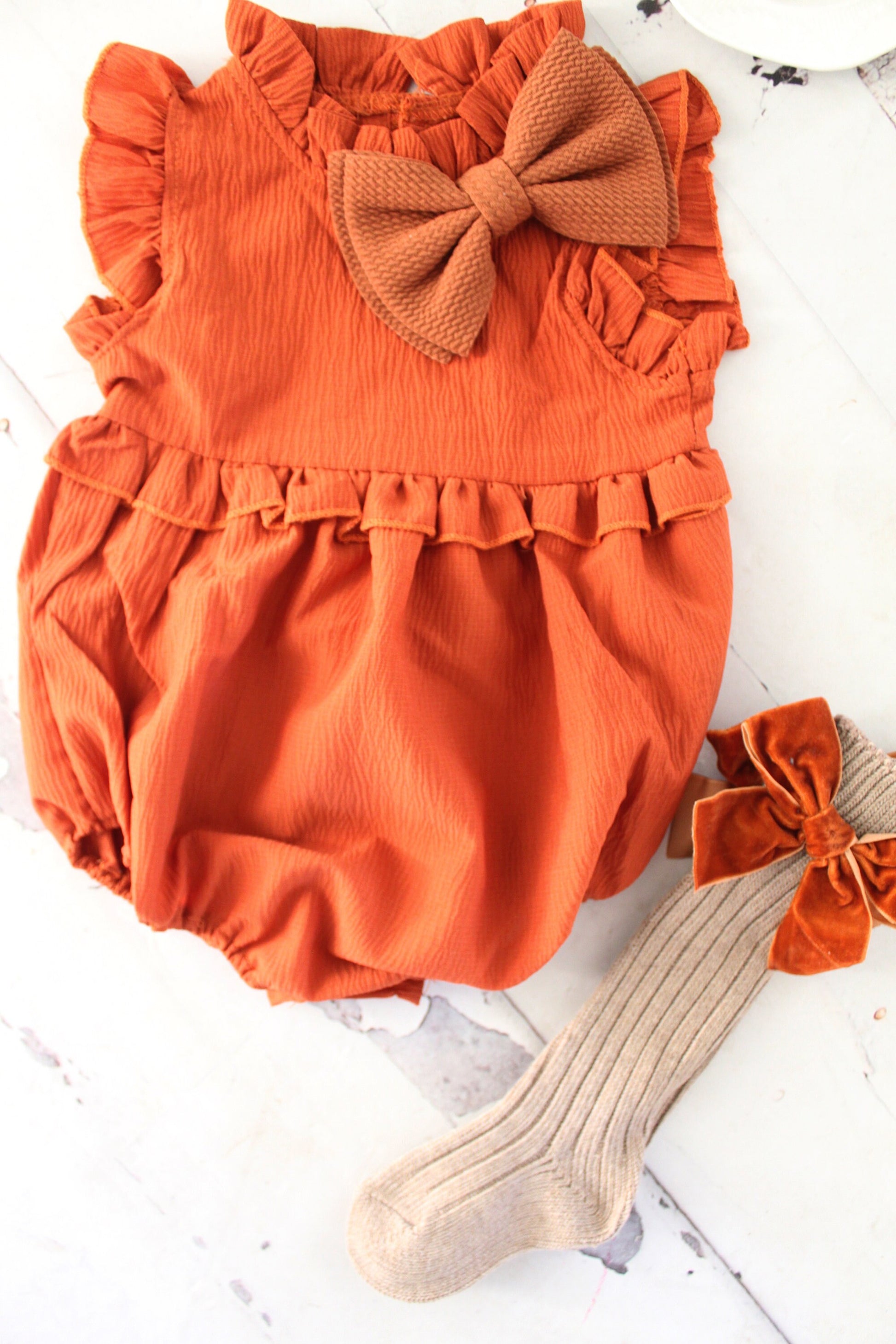 Boho Chic Fall Pumpkin Spice Baby Girl's Romper, Girl Fall Outfit, Rustic Pumpkin Baby Romper Girl Outfit, 1st Birthday, Fall Outfit Ginger