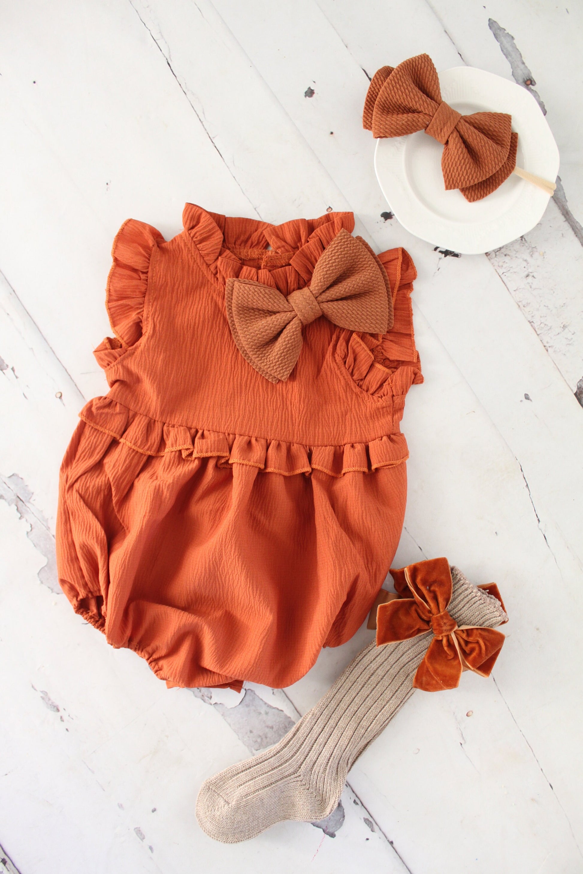 Boho Chic Fall Pumpkin Spice Baby Girl's Romper, Girl Fall Outfit, Rustic Pumpkin Baby Romper Girl Outfit, 1st Birthday, Fall Outfit Ginger