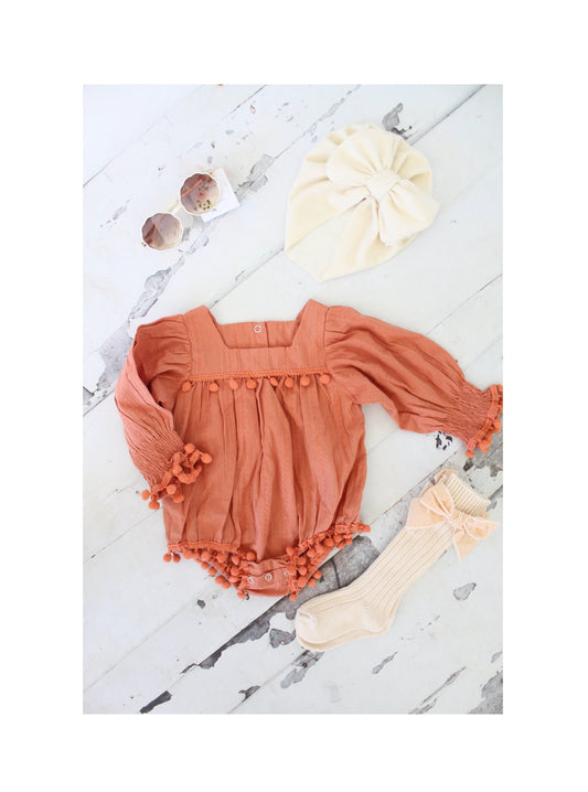 Boho Chic Baby Girl's Romper, Girl Ginger Fall Autumn Winter Outfit, Rustic Baby Romper Girl Outfit, 1st Birthday, Thanksgiving Christmas