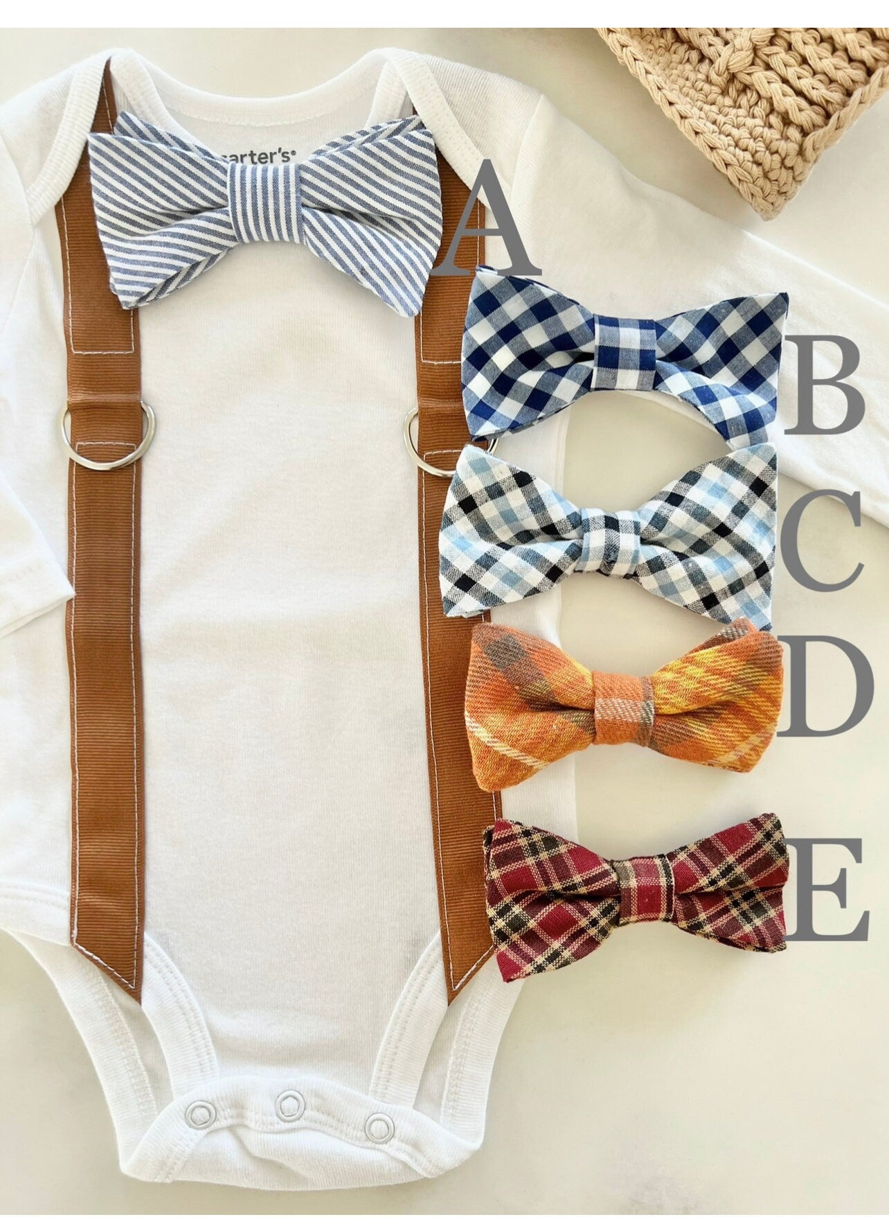 Back to School Fall Baby Boy Coming Home Outfit Set up to 4 Items. Bow Tie Suspender Bodysuit, Navy Blue Pants & Knit Newsboy Hat Birthday