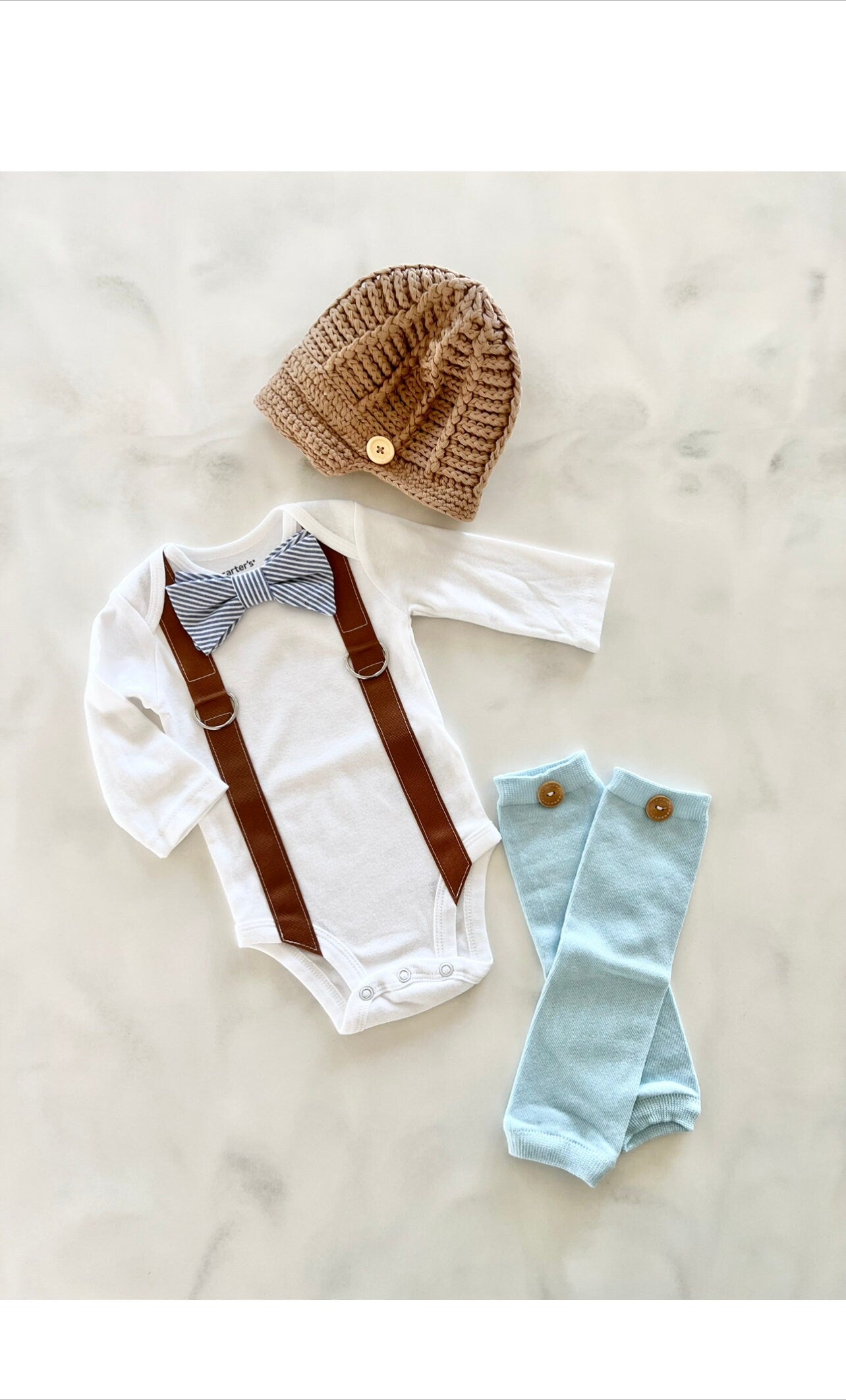 Back to School Fall Baby Boy Coming Home Outfit Set up to 4 Items. Bow Tie Suspender Bodysuit, Navy Blue Pants & Knit Newsboy Hat Birthday