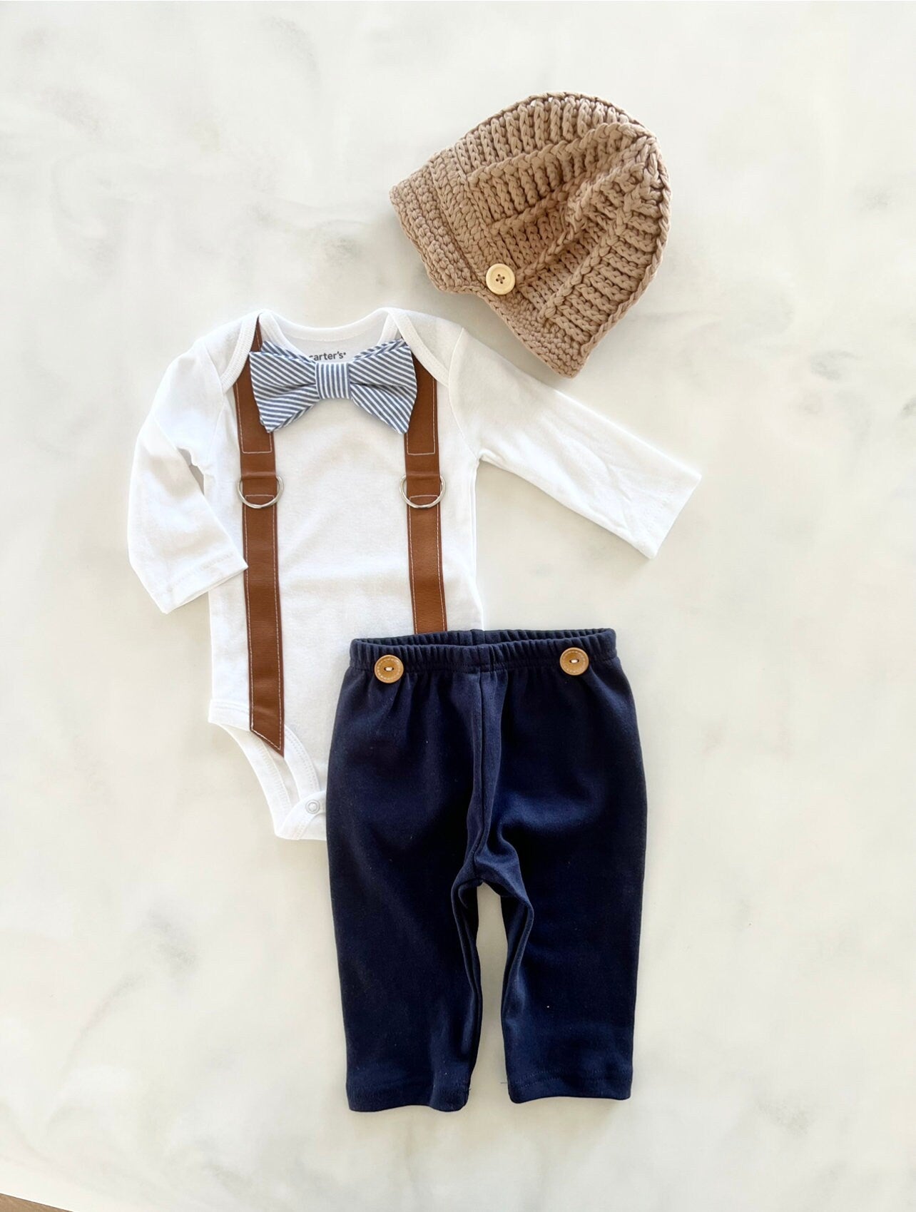 Back to School Fall Baby Boy Coming Home Outfit Set up to 4 Items. Bow Tie Suspender Bodysuit, Navy Blue Pants & Knit Newsboy Hat Birthday