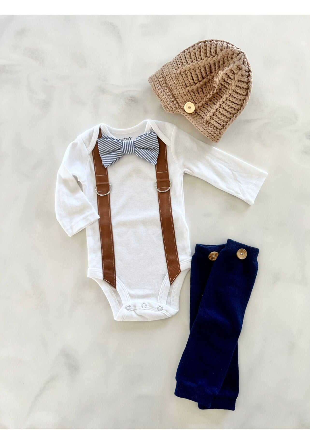 Back to School Fall Baby Boy Coming Home Outfit Set up to 4 Items. Bow Tie Suspender Bodysuit, Navy Blue Pants & Knit Newsboy Hat Birthday