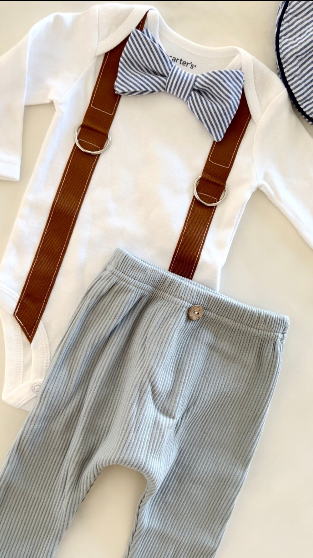 Newborn Baby Boy Coming Home Outfit Set. Seer Sucker Bow Tie Suspender Bodysuit, Knit Pants & Seer Sucker Newsboy Hat Tie Summer Holiday