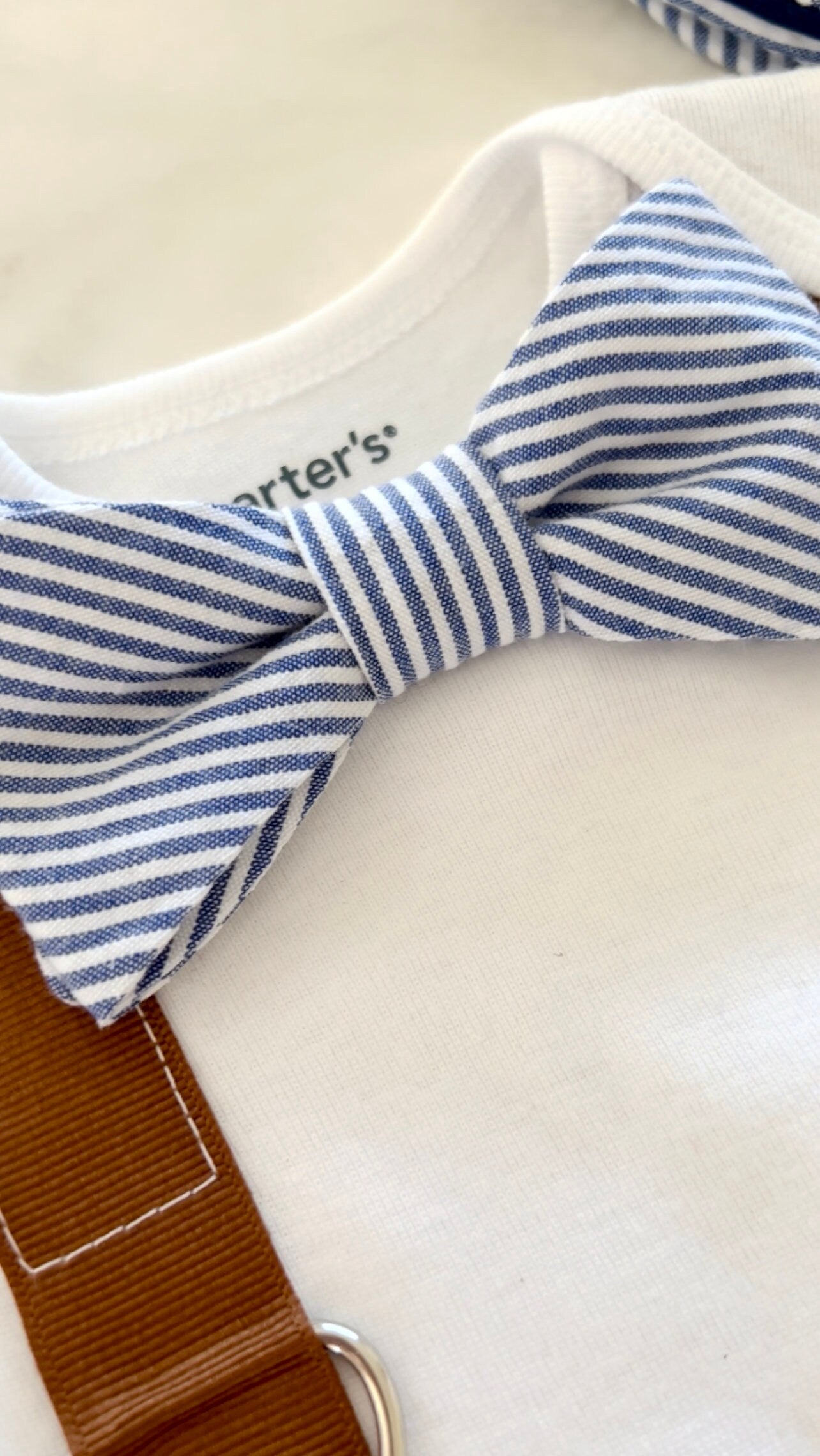 Newborn Baby Boy Coming Home Outfit Set. Seer Sucker Bow Tie Suspender Bodysuit, Knit Pants & Seer Sucker Newsboy Hat Tie Summer Holiday