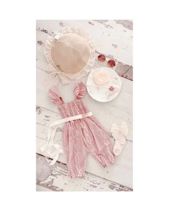 Boho Baby Girl Lace Smocked Jumpsuit Romper, Lace Sunhat, Bow. Lovely Summer Jumper, Coming Home Outfit, Flower Girl Baby Girl 1st Birthday