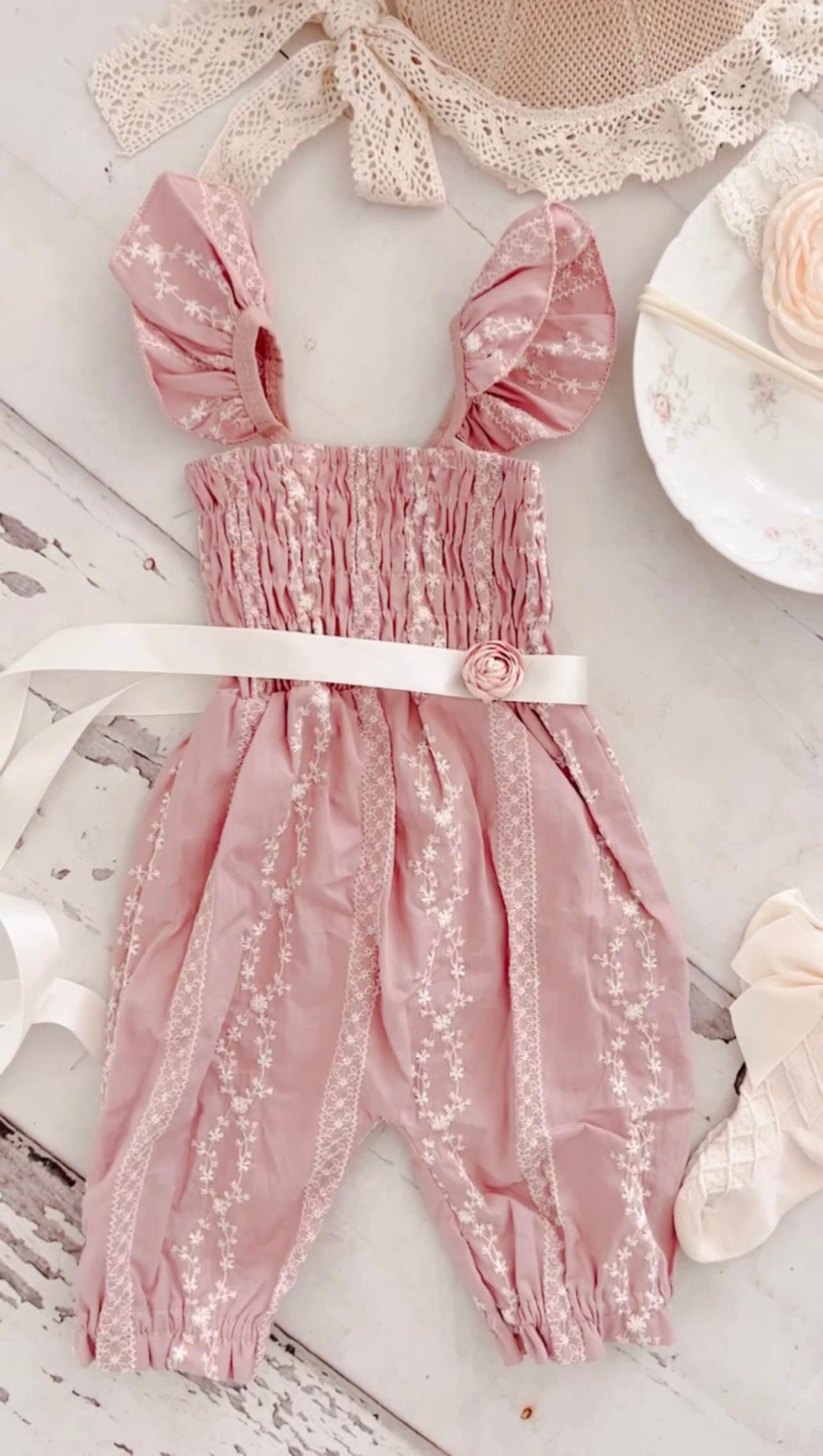 Easter Spring Boho Baby Girl Lace Embossed Jumpsuit Romper, Lace Sunhat, Easter Spring Coming Home Outfit Flower Girl Toddler 1st Birthday
