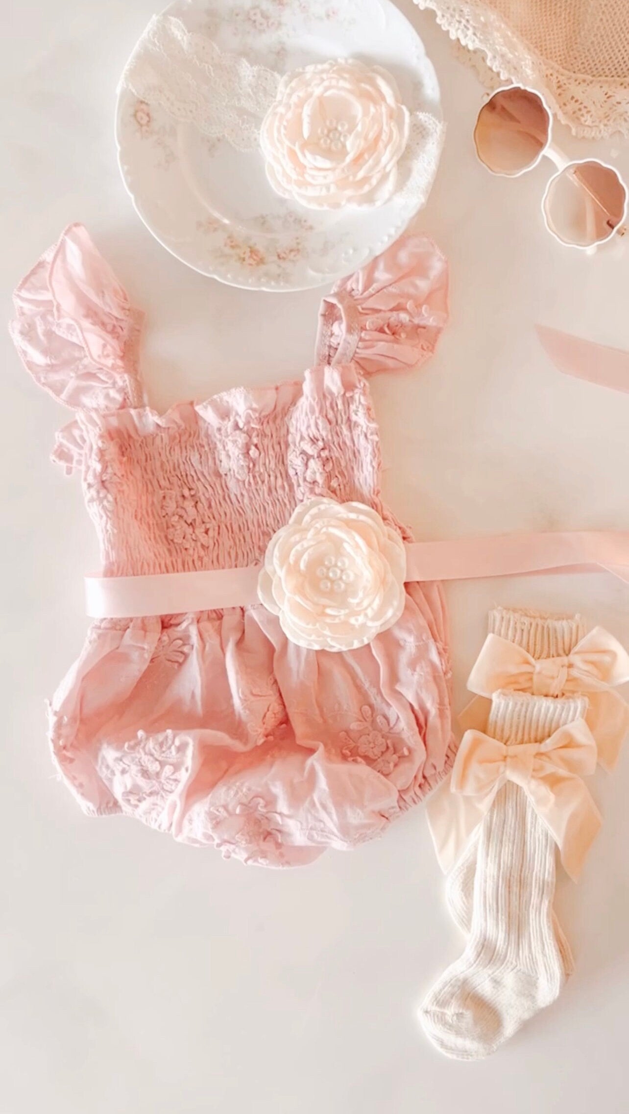 Easter Spring Boho Baby Girl Lace Romper, Lace Hat, Bow. Baby Shower Gift, Lace Dress, Coming Home Outfit Flower Girl 1st Birthday Pink