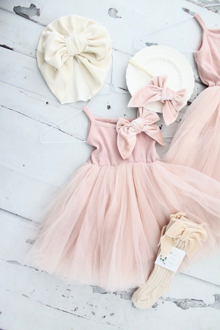 Valentine's Day Boho Blush Tutu Dress, Tulle Baby Girl & Girls Sister w Velvet Bow, Newborn - Toddler Girl Birthday Pink Headband bow Socks