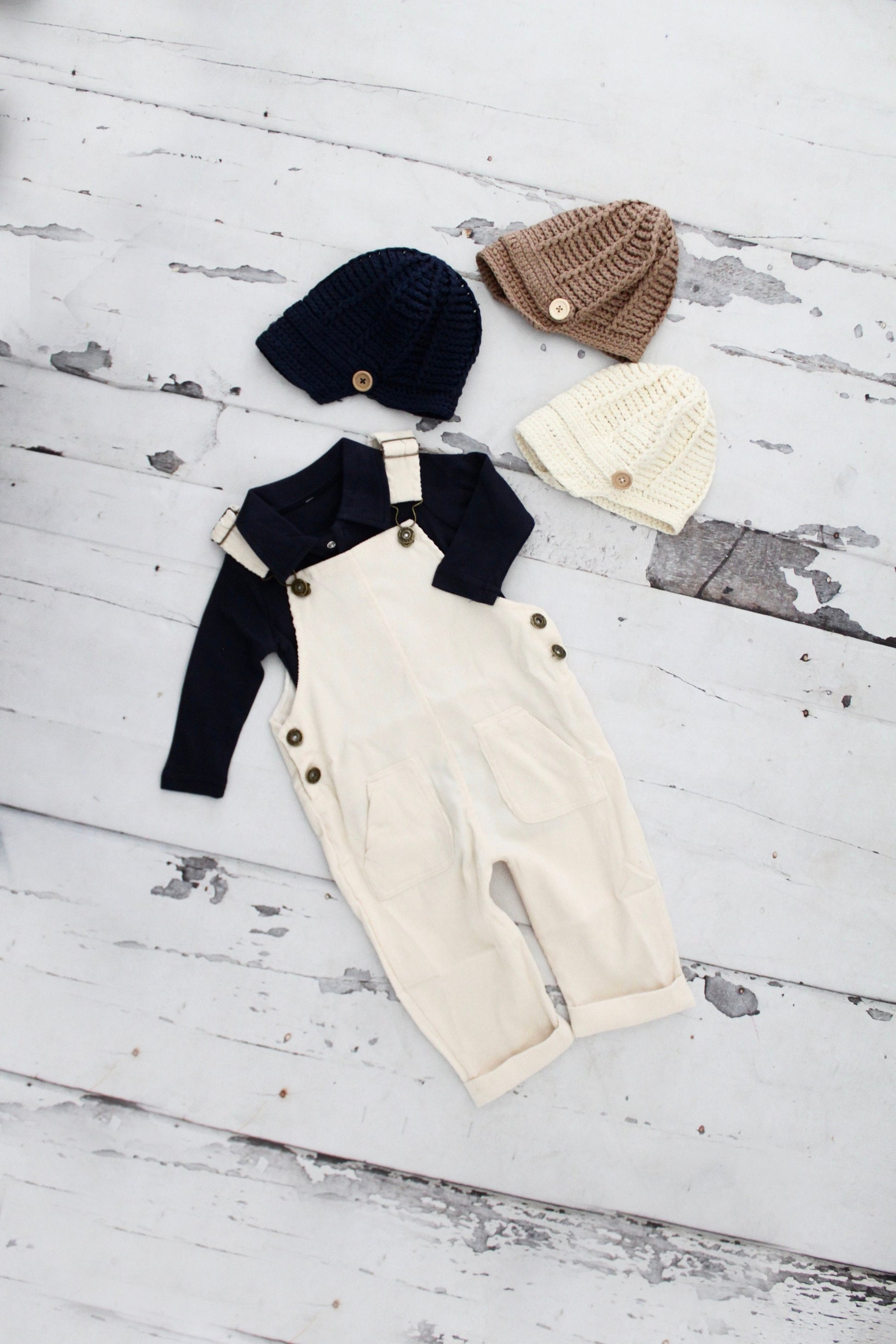 Christmas Holiday Baby Boy Corduroy Overalls Jumpsuit, Bear Appliqué Bodysuit, Knit Newsboy Hat Baby Boy Coming Home Outfit 1st Birthday