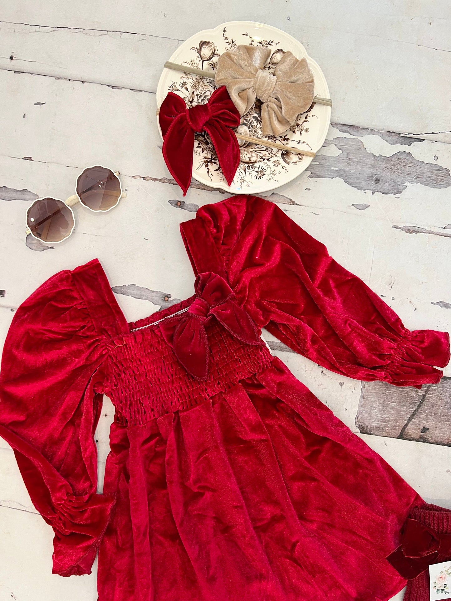 Christmas Velvet Smocked Dress. Baby Girl Boho Chic Red Velvet Holiday Outfit. Puffed Sleeves, Velvet Bow Headband, Flower Girl 1st Birthday