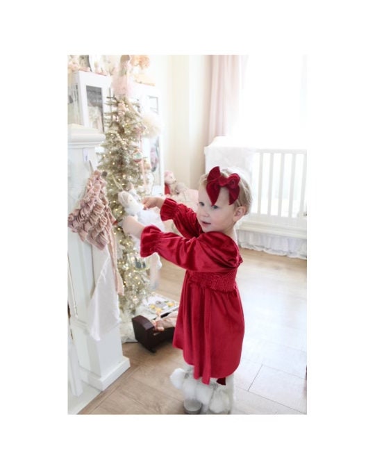 Christmas Velvet Smocked Dress. Baby Girl Boho Chic Red Velvet Holiday Outfit. Puffed Sleeves, Velvet Bow Headband, Flower Girl 1st Birthday