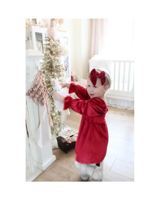 Christmas Velvet Smocked Dress. Baby Girl Boho Chic Red Velvet Holiday Outfit. Puffed Sleeves, Velvet Bow Headband, Flower Girl 1st Birthday