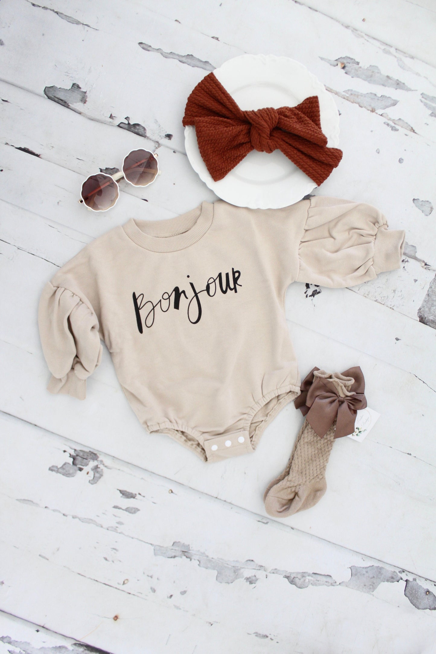 Baby Girl Fall Romper Boho Bonjour Outfit, Ginger Pumpkin Spice Bow, Bow Knee Socks, Puffed Sleeves Thanksgiving, Christmas, 1st Birthday