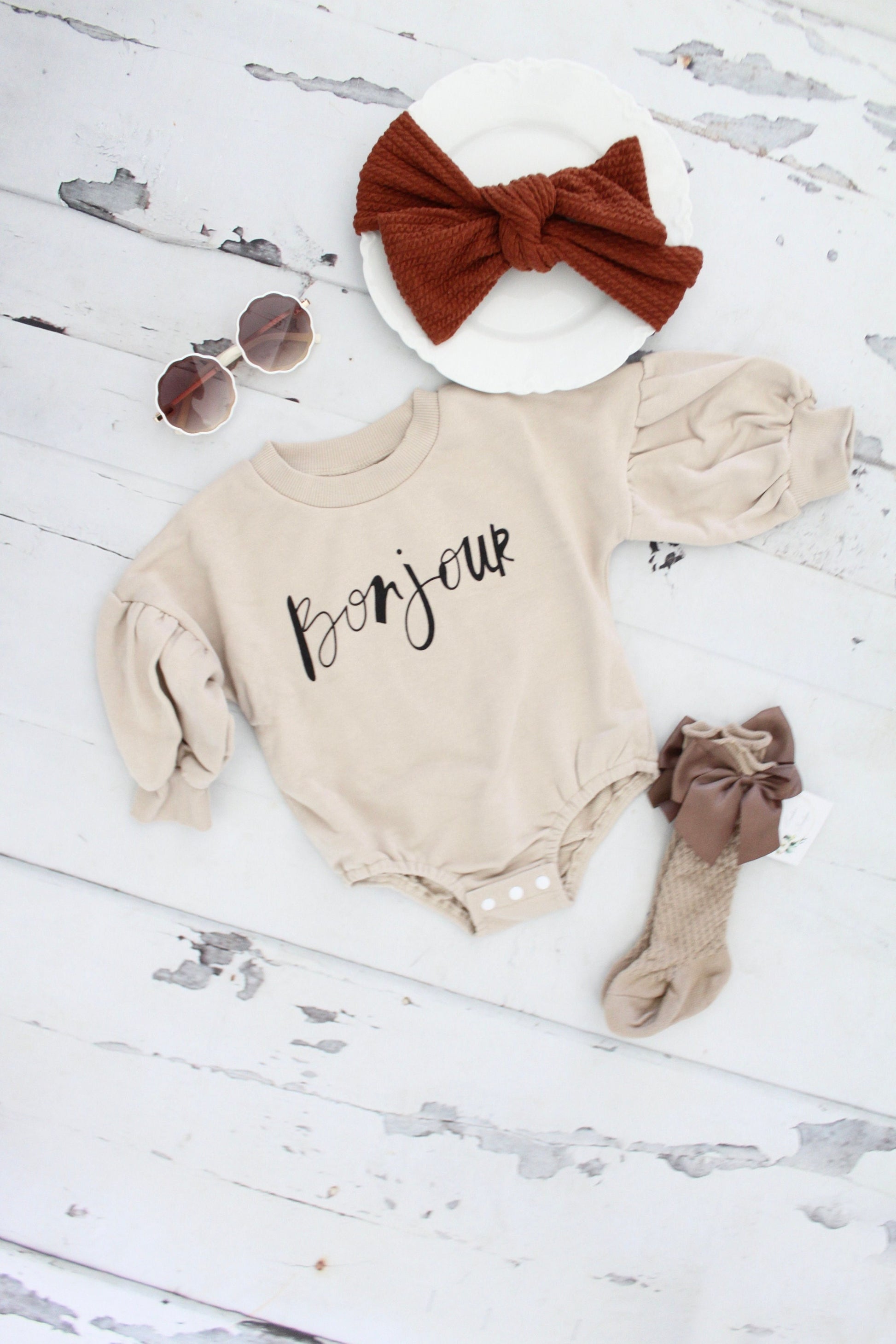 Baby Girl Fall Romper Boho Bonjour Outfit, Ginger Pumpkin Spice Bow, Bow Knee Socks, Puffed Sleeves Thanksgiving, Christmas, 1st Birthday