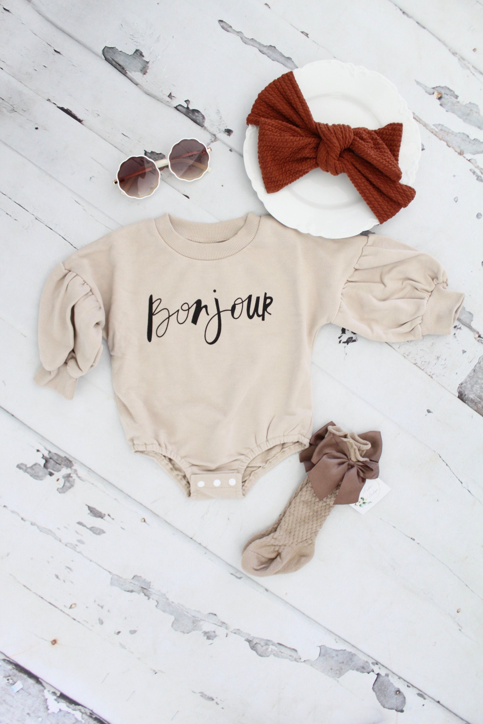 Baby Girl Fall Romper Boho Bonjour Outfit, Ginger Pumpkin Spice Bow, Bow Knee Socks, Puffed Sleeves Thanksgiving, Christmas, 1st Birthday