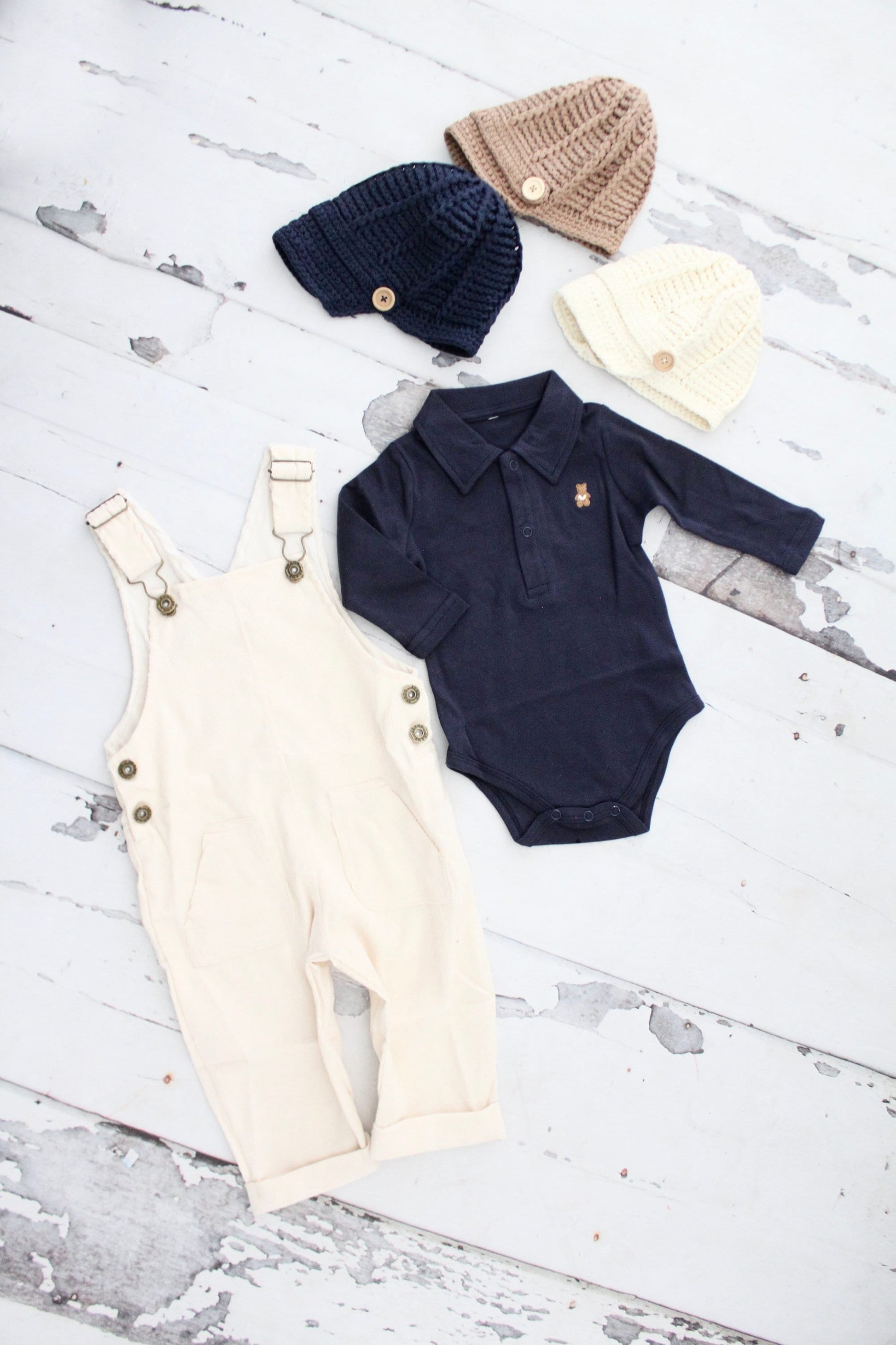 Christmas Holiday Baby Boy Corduroy Overalls Jumpsuit, Bear Appliqué Bodysuit, Knit Newsboy Hat Baby Boy Coming Home Outfit 1st Birthday