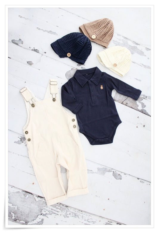 Christmas Holiday Baby Boy Corduroy Overalls Jumpsuit, Bear Appliqué Bodysuit, Knit Newsboy Hat Baby Boy Coming Home Outfit 1st Birthday