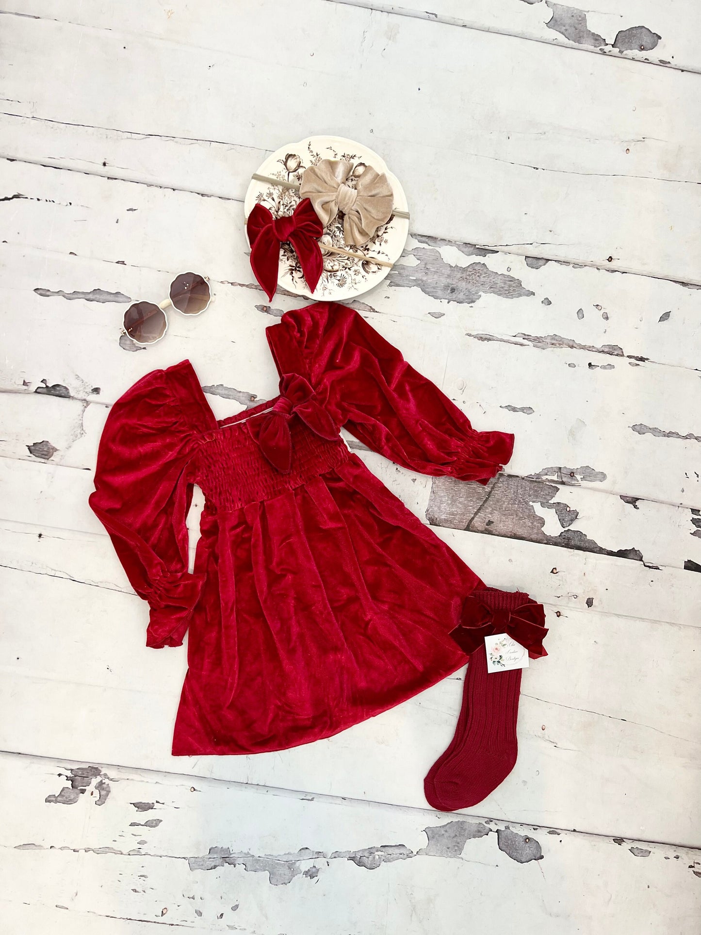 Christmas Velvet Smocked Dress. Baby Girl Boho Chic Red Velvet Holiday Outfit. Puffed Sleeves, Velvet Bow Headband, Flower Girl 1st Birthday