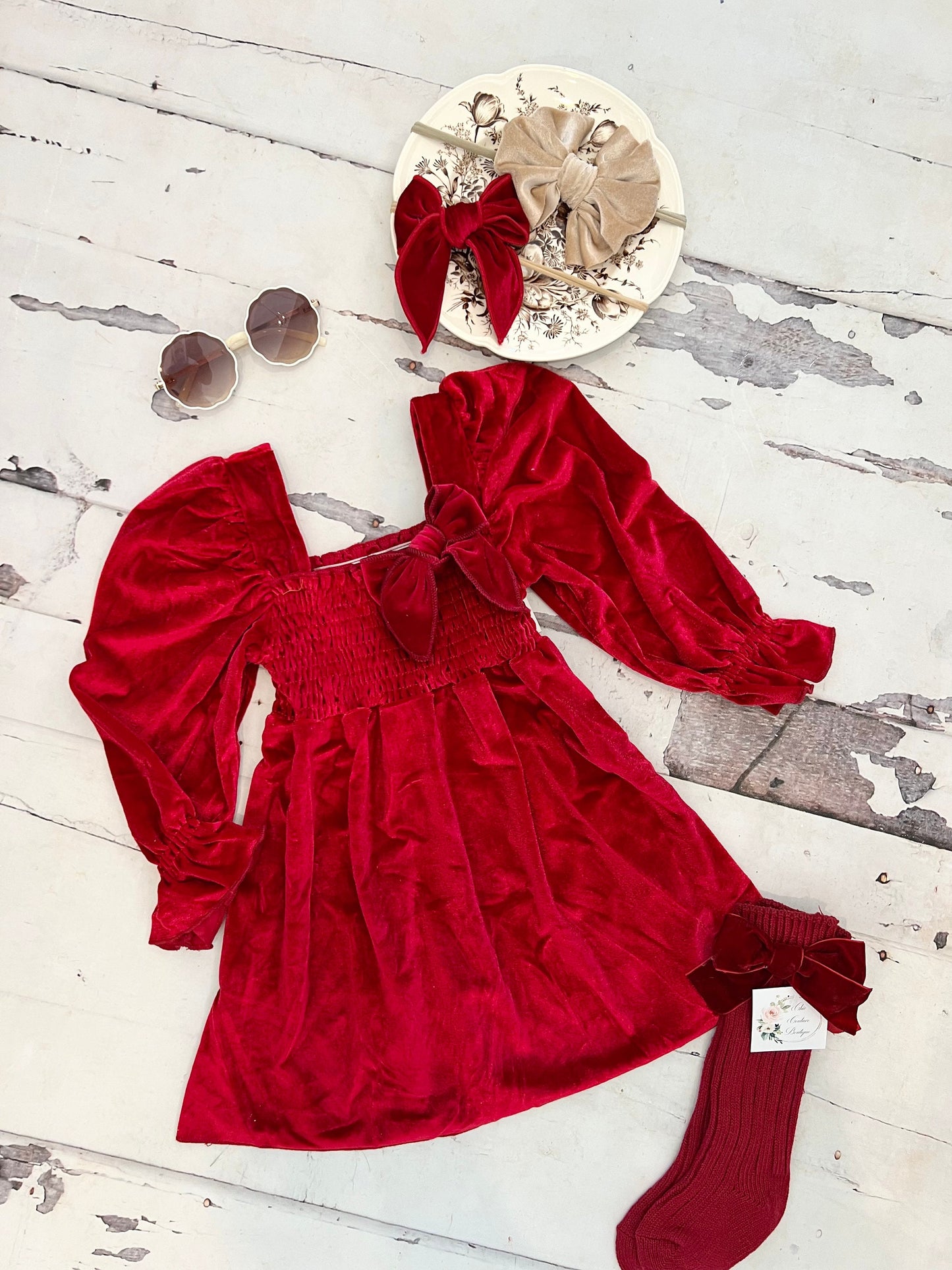 Christmas Velvet Smocked Dress. Baby Girl Boho Chic Red Velvet Holiday Outfit. Puffed Sleeves, Velvet Bow Headband, Flower Girl 1st Birthday