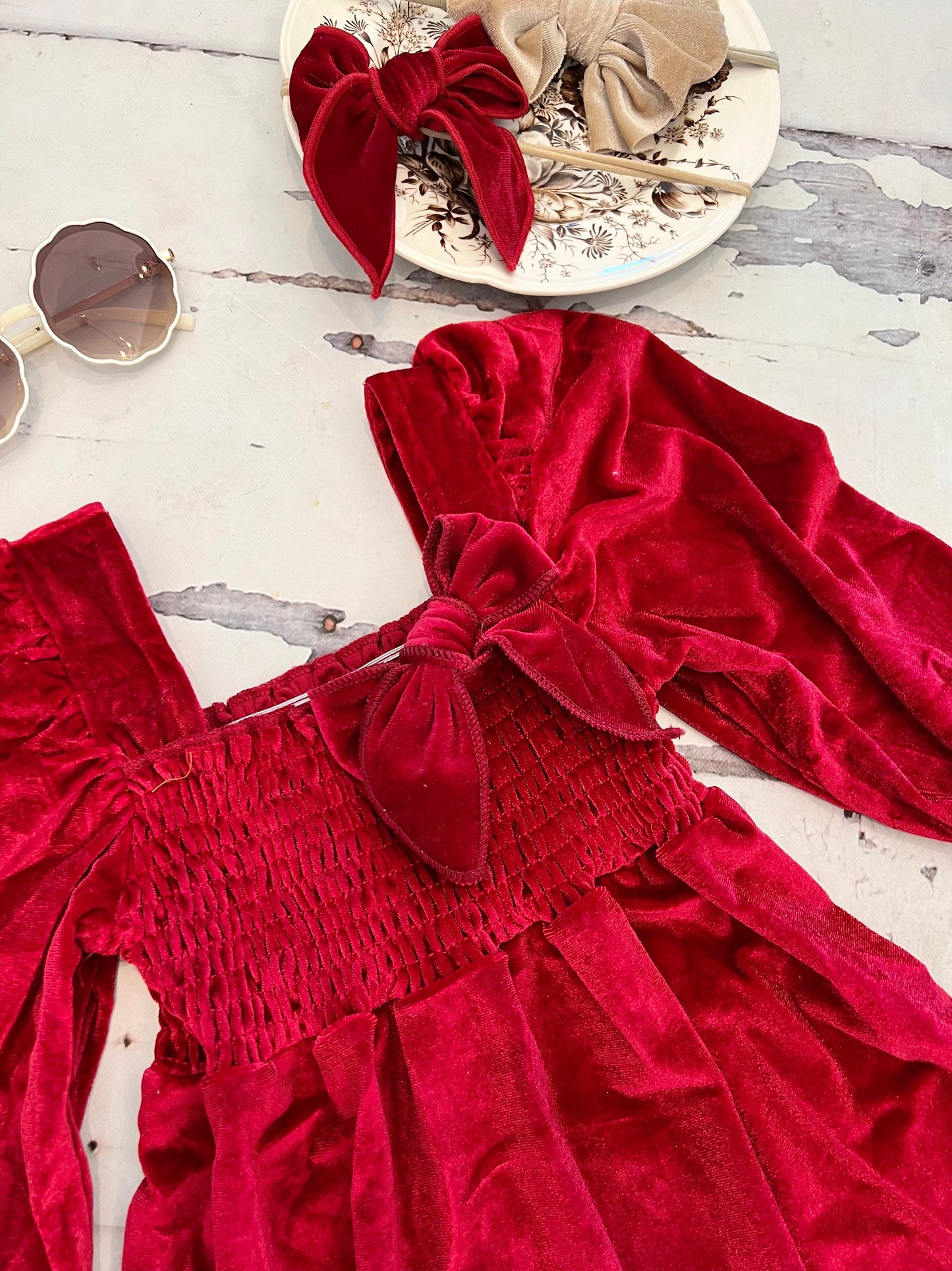 Christmas Velvet Smocked Dress. Baby Girl Boho Chic Red Velvet Holiday Outfit. Puffed Sleeves, Velvet Bow Headband, Flower Girl 1st Birthday