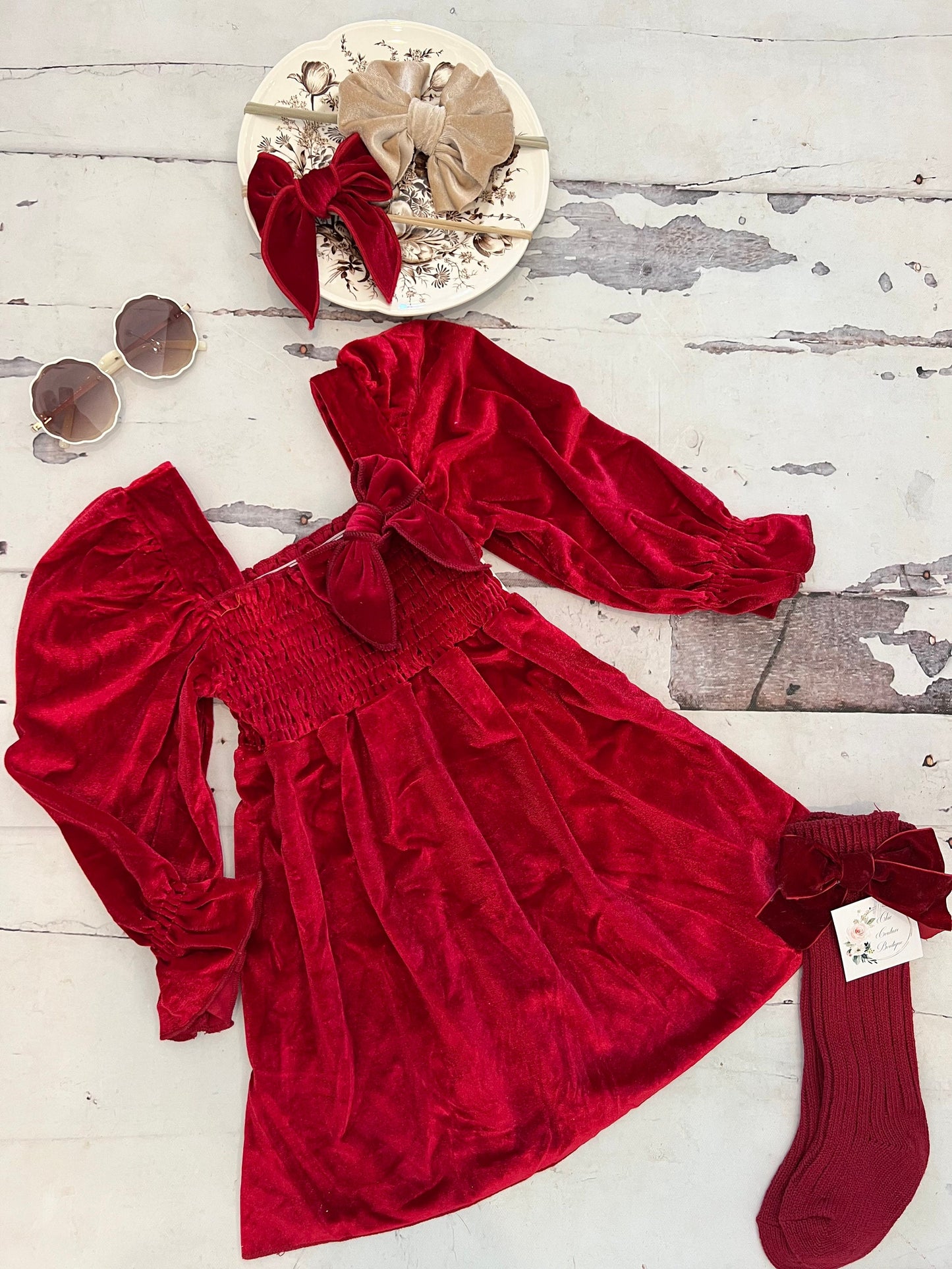 Christmas Velvet Smocked Dress. Baby Girl Boho Chic Red Velvet Holiday Outfit. Puffed Sleeves, Velvet Bow Headband, Flower Girl 1st Birthday