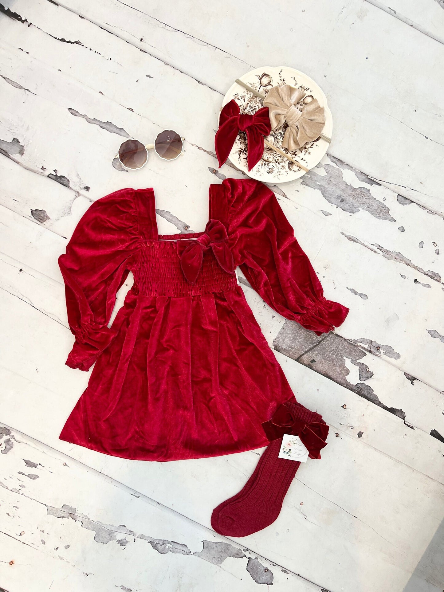 Christmas Velvet Smocked Dress. Baby Girl Boho Chic Red Velvet Holiday Outfit. Puffed Sleeves, Velvet Bow Headband, Flower Girl 1st Birthday