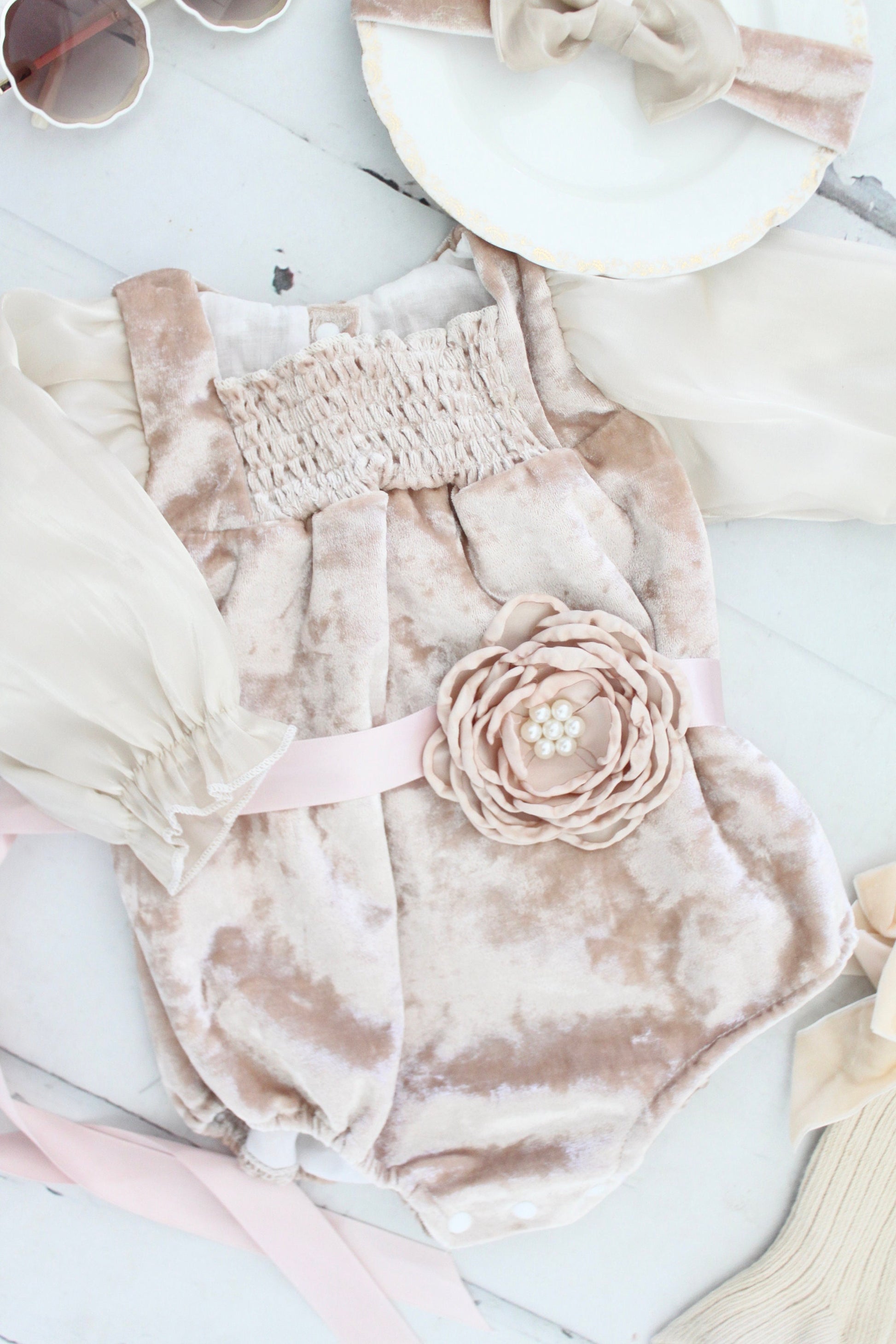 Valentine’s Velvet Romper. Baby Girl Boho Chic Champagne Velvet. Easter Spring Flower Girl, Baby Girl 1st Birthday, Coming Home Outfit Buff