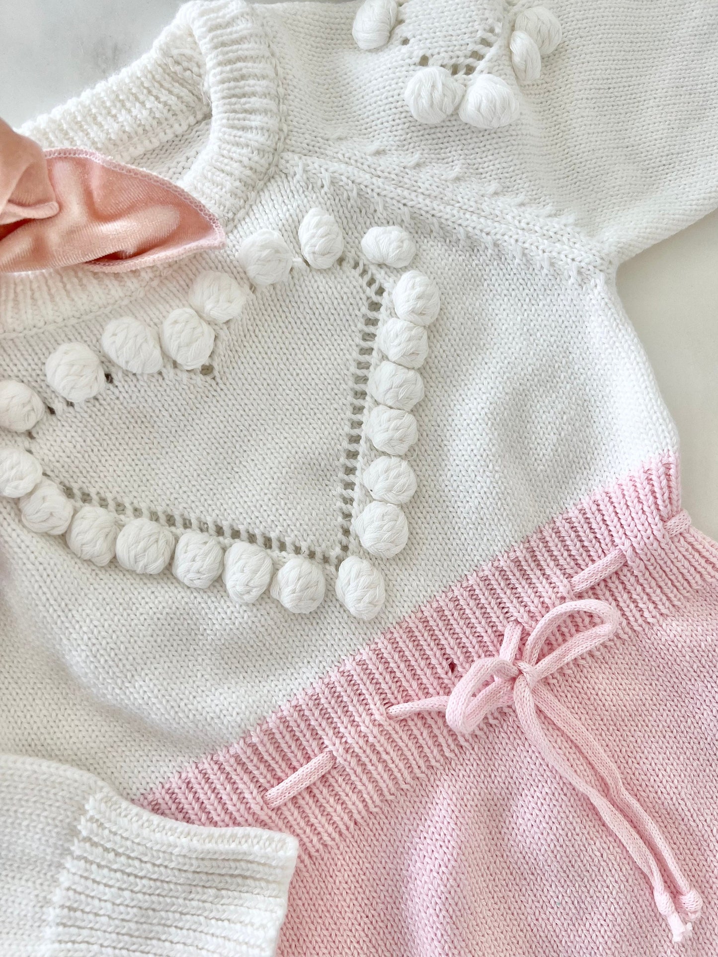 Valentine's Day Knit Heart Romper. Baby Girl Boho Sweater Romper, Pom Poms Outfit Heart Sunglasses and Bow. Easter 1st Birthday Coming Home