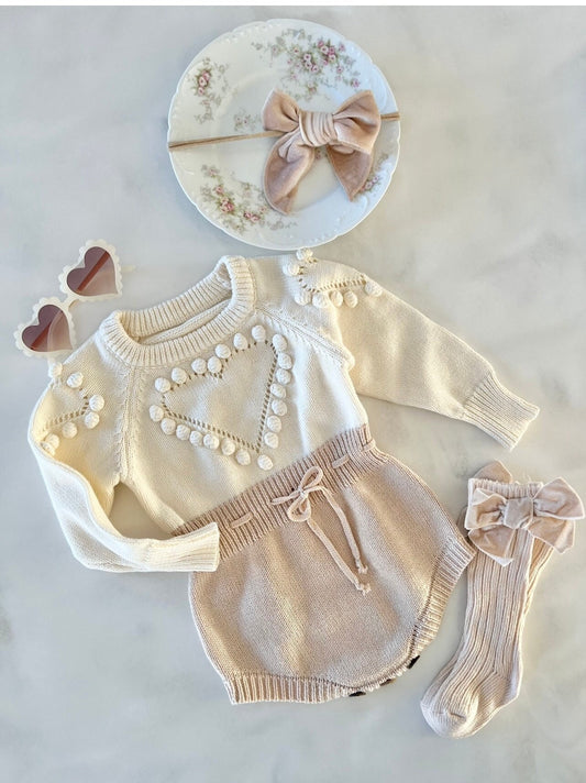 Valentine's Day Knit Heart Romper. Baby Girl Boho Sweater Romper, Pom Poms Outfit Heart Sunglasses and Bow. Easter 1st Birthday Coming Home