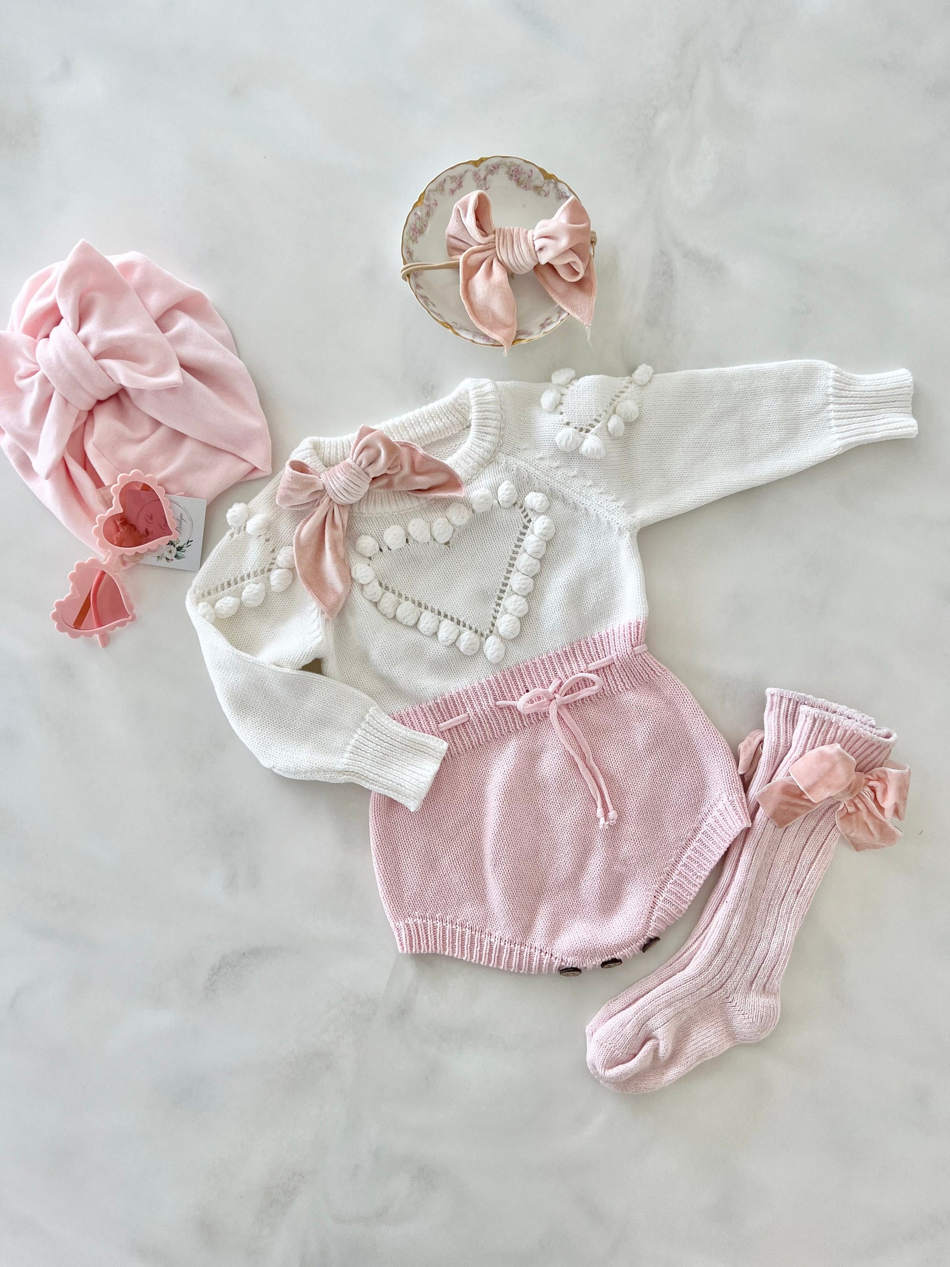 Valentine's Day Knit Heart Romper. Baby Girl Boho Sweater Romper, Pom Poms Outfit Heart Sunglasses and Bow. Easter 1st Birthday Coming Home