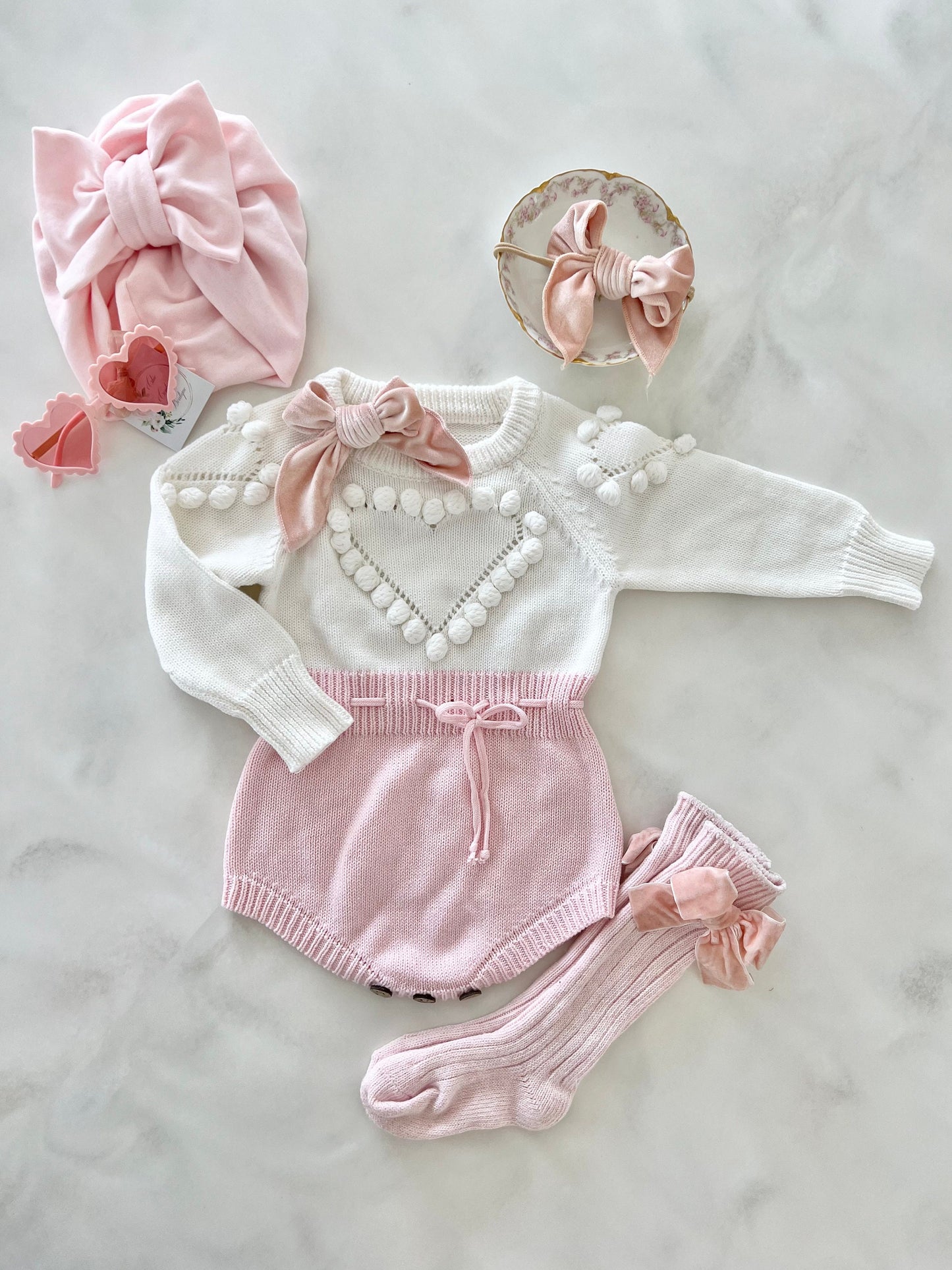 Valentine's Day Knit Heart Romper. Baby Girl Boho Sweater Romper, Pom Poms Outfit Heart Sunglasses and Bow. Easter 1st Birthday Coming Home