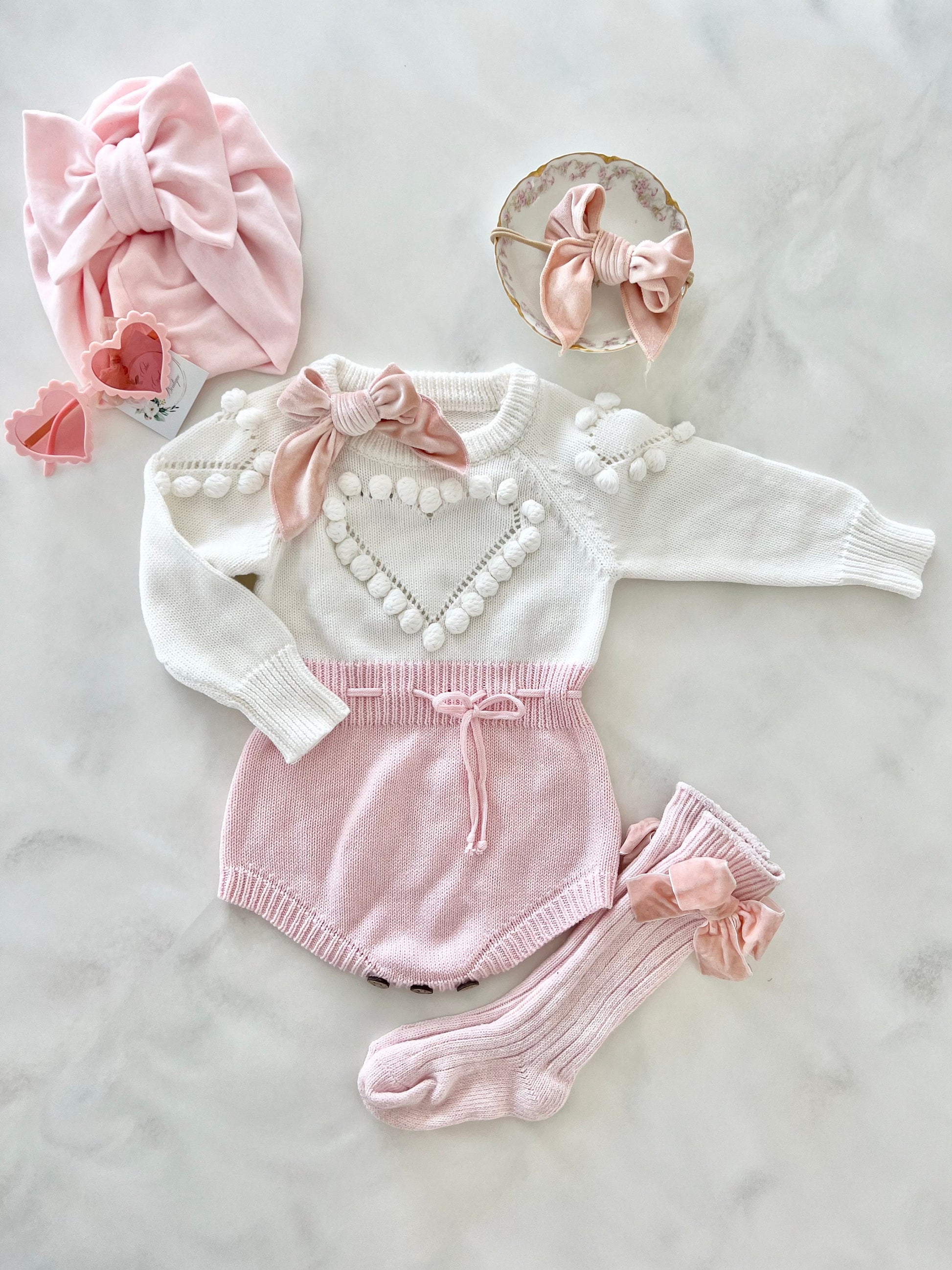 Valentine's Day Knit Heart Romper. Baby Girl Boho Sweater Romper, Pom Poms Outfit Heart Sunglasses and Bow. Easter 1st Birthday Coming Home