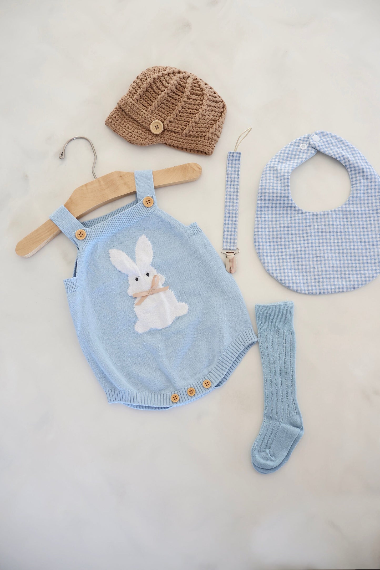 Spring Baby Boy Knit Romper, Easter Bunny Rabbit, Knee High Socks, Gingham Bib. Newborn Coming Home Outfit 1st Birthday Outfit Newsboy Hat