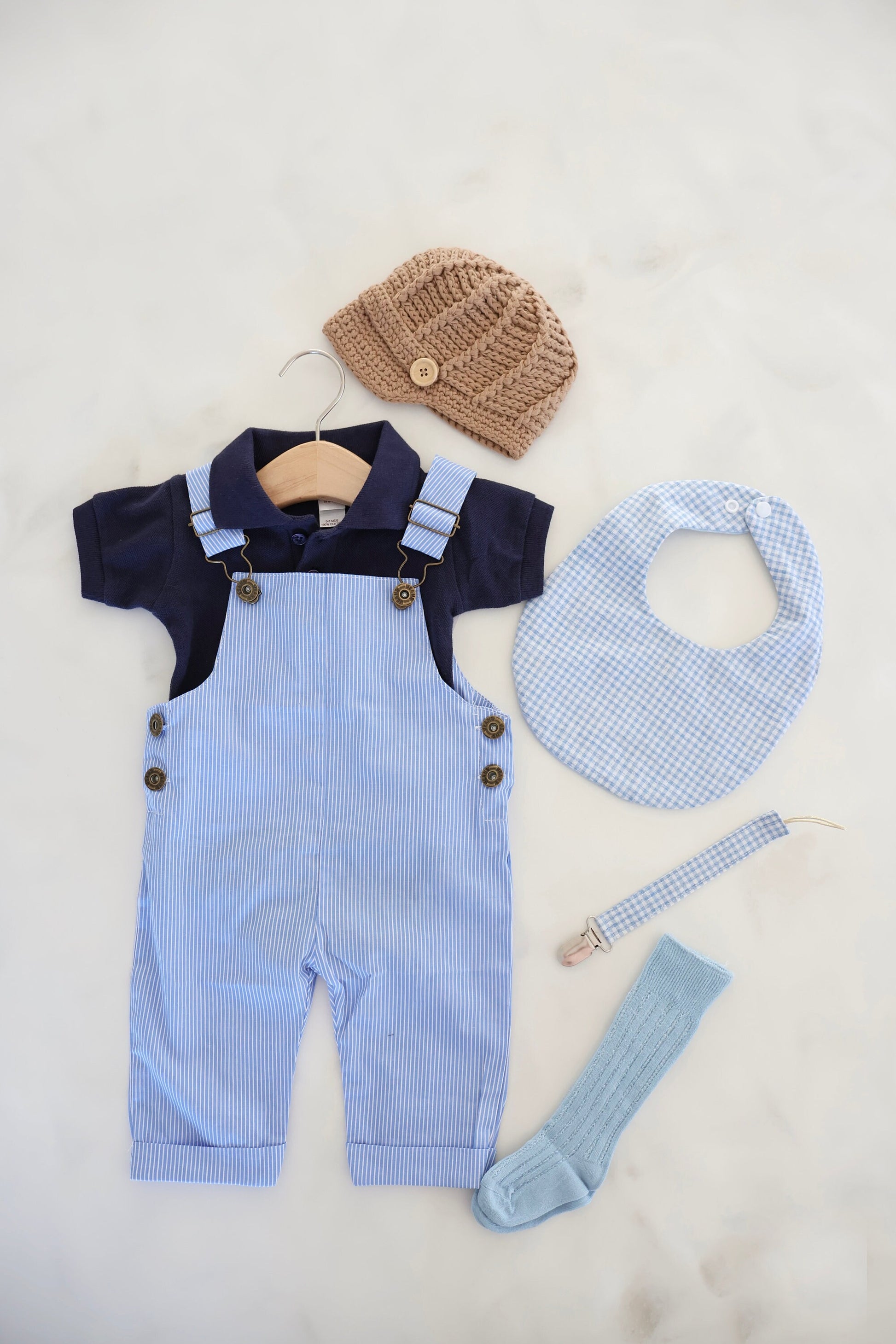 Easter Baby Boy Overalls Romper Jumpsuit, Polo Bodysuit, Knit Newsboy Hat, Gingham Bib, Seersucker Newborn Coming Home Outfit 1st Birthday