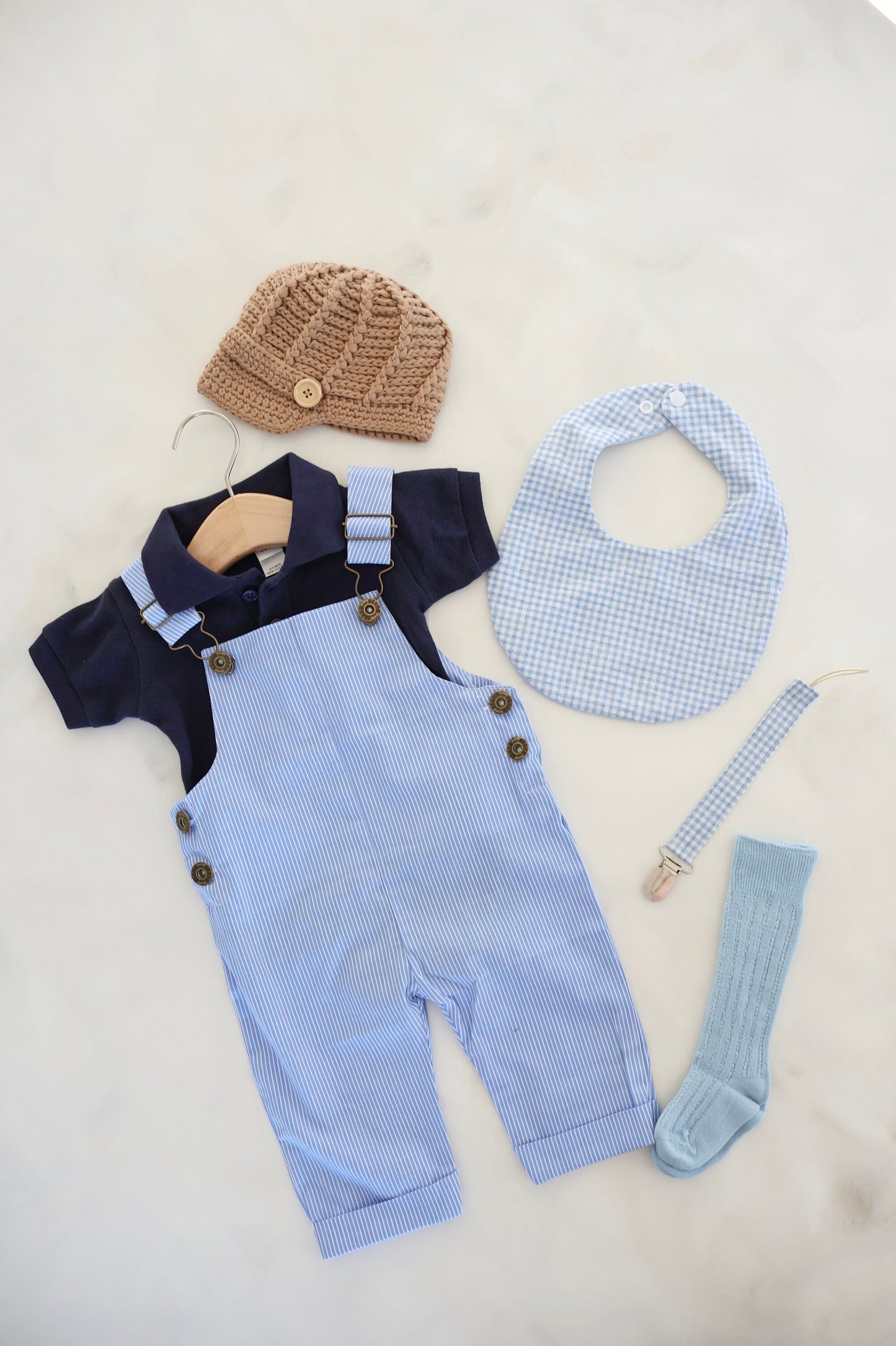 Easter Baby Boy Overalls Romper Jumpsuit, Polo Bodysuit, Knit Newsboy Hat, Gingham Bib, Seersucker Newborn Coming Home Outfit 1st Birthday