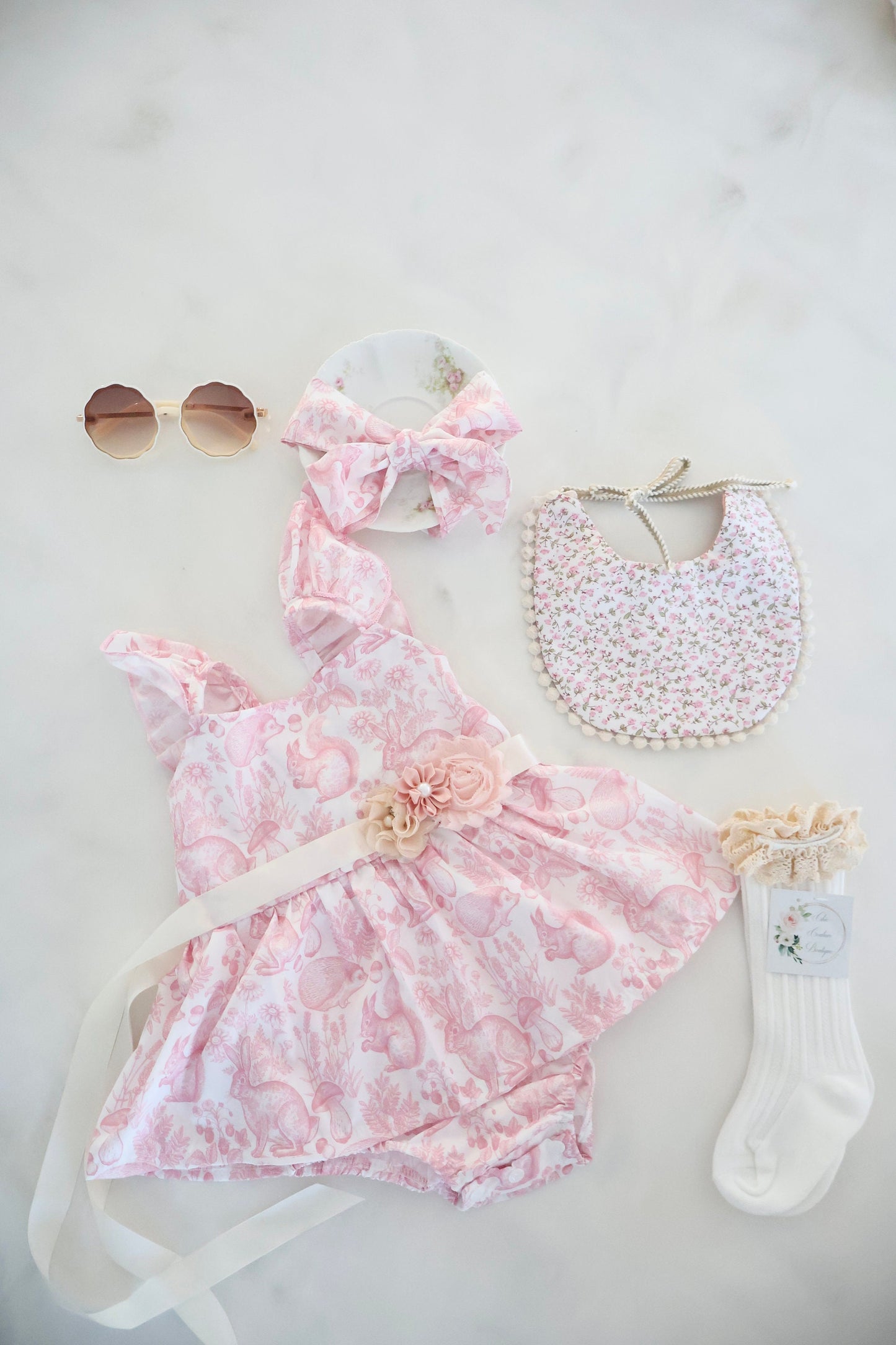 Matching Sisters Pink Toile Easter Dresses, Baby Girl Romper Dress, and Girls Size 12-5T Dress. Pink Bunny, Hedgehog, Nature Print, Summer