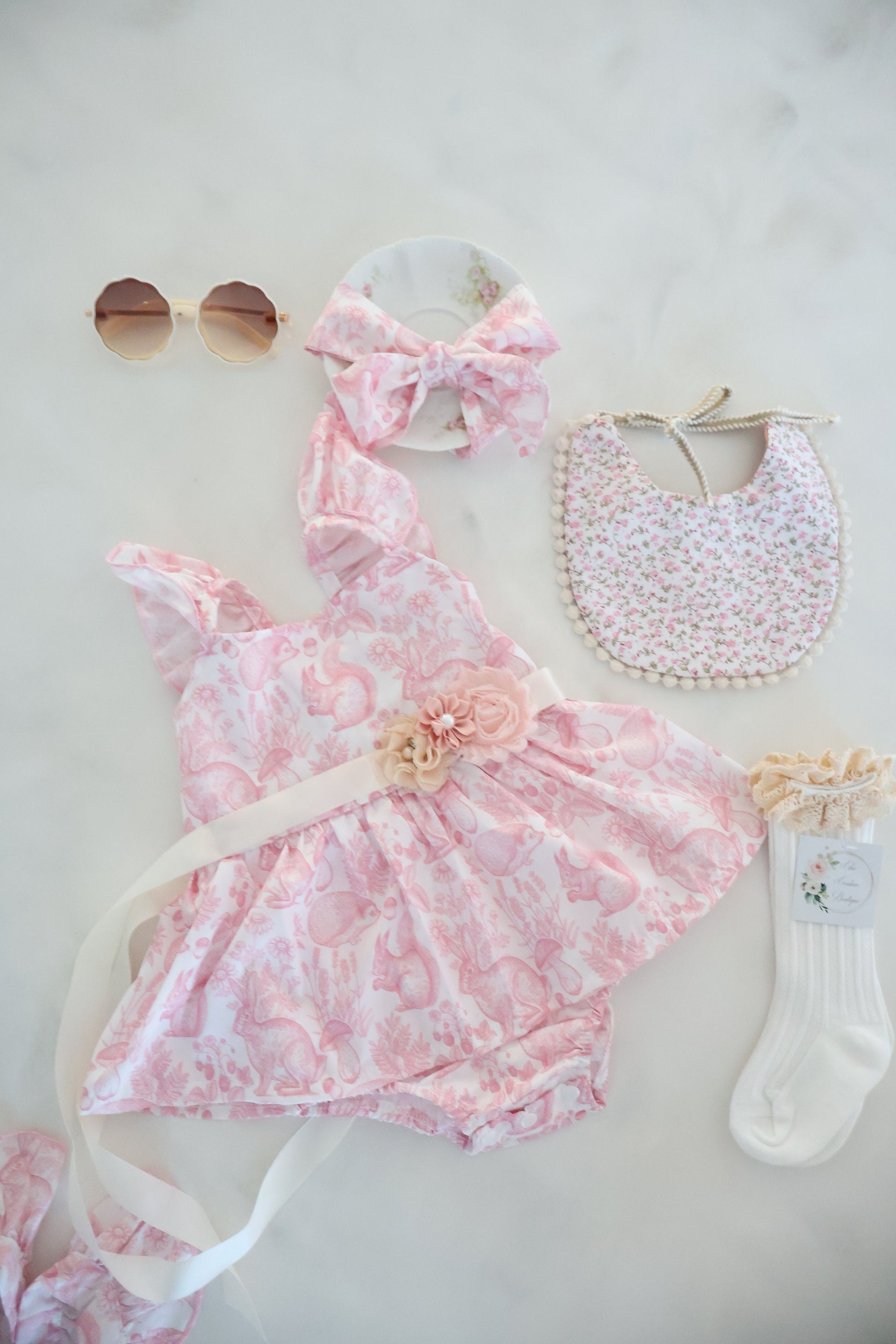 Matching Sisters Pink Toile Easter Dresses, Baby Girl Romper Dress, and Girls Size 12-5T Dress. Pink Bunny, Hedgehog, Nature Print, Summer