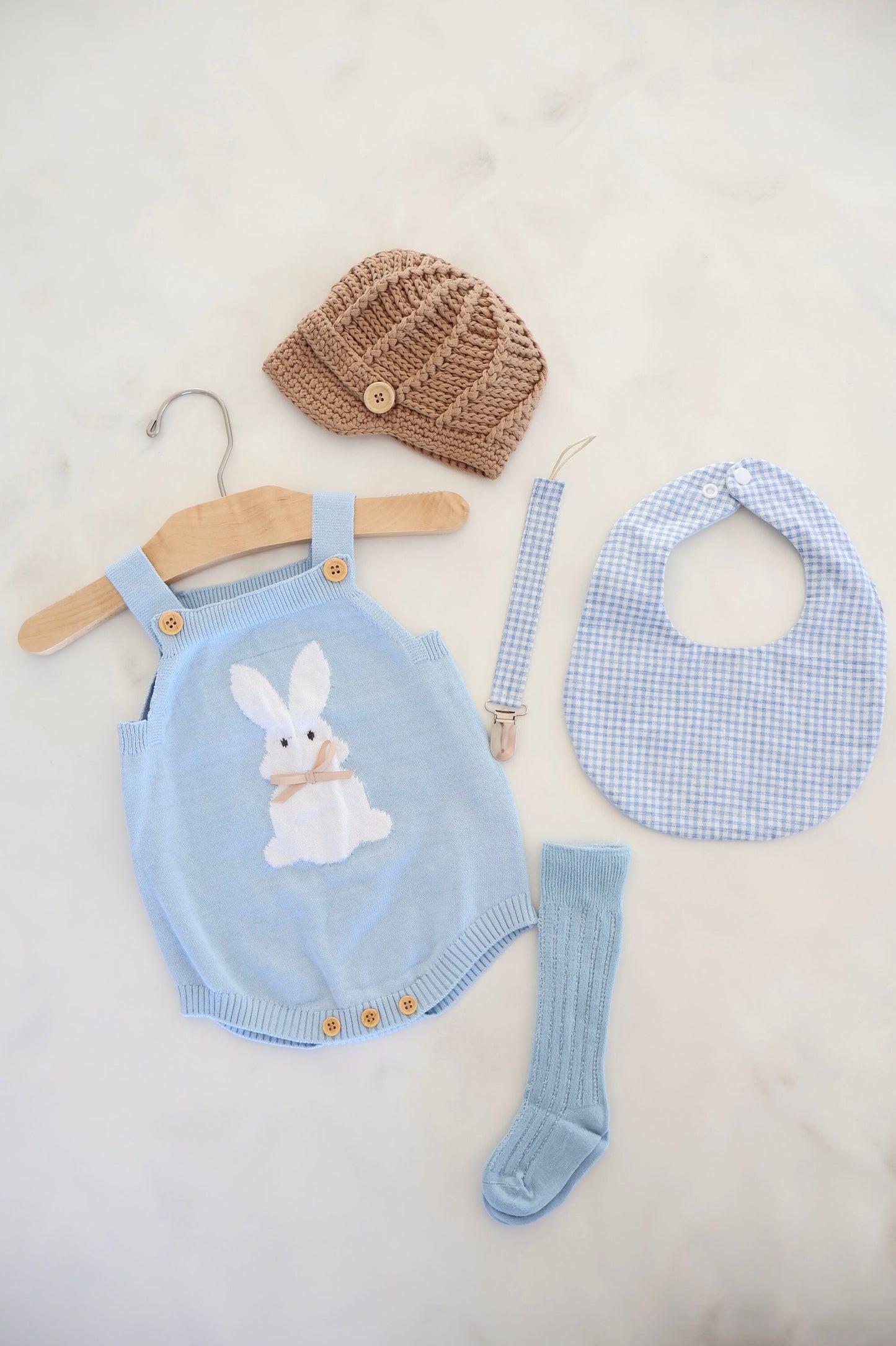 Spring Baby Boy Knit Romper, Easter Bunny Rabbit, Knee High Socks, Gingham Bib. Newborn Coming Home Outfit 1st Birthday Outfit Newsboy Hat