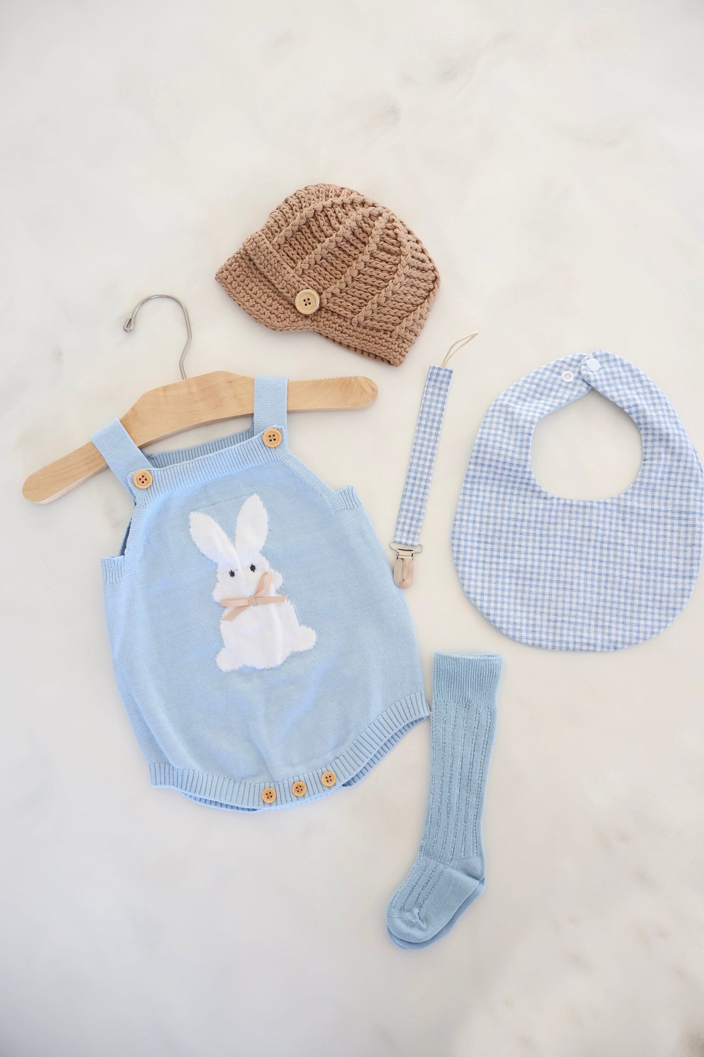 Spring Baby Boy Knit Romper, Easter Bunny Rabbit, Knee High Socks, Gingham Bib. Newborn Coming Home Outfit 1st Birthday Outfit Newsboy Hat