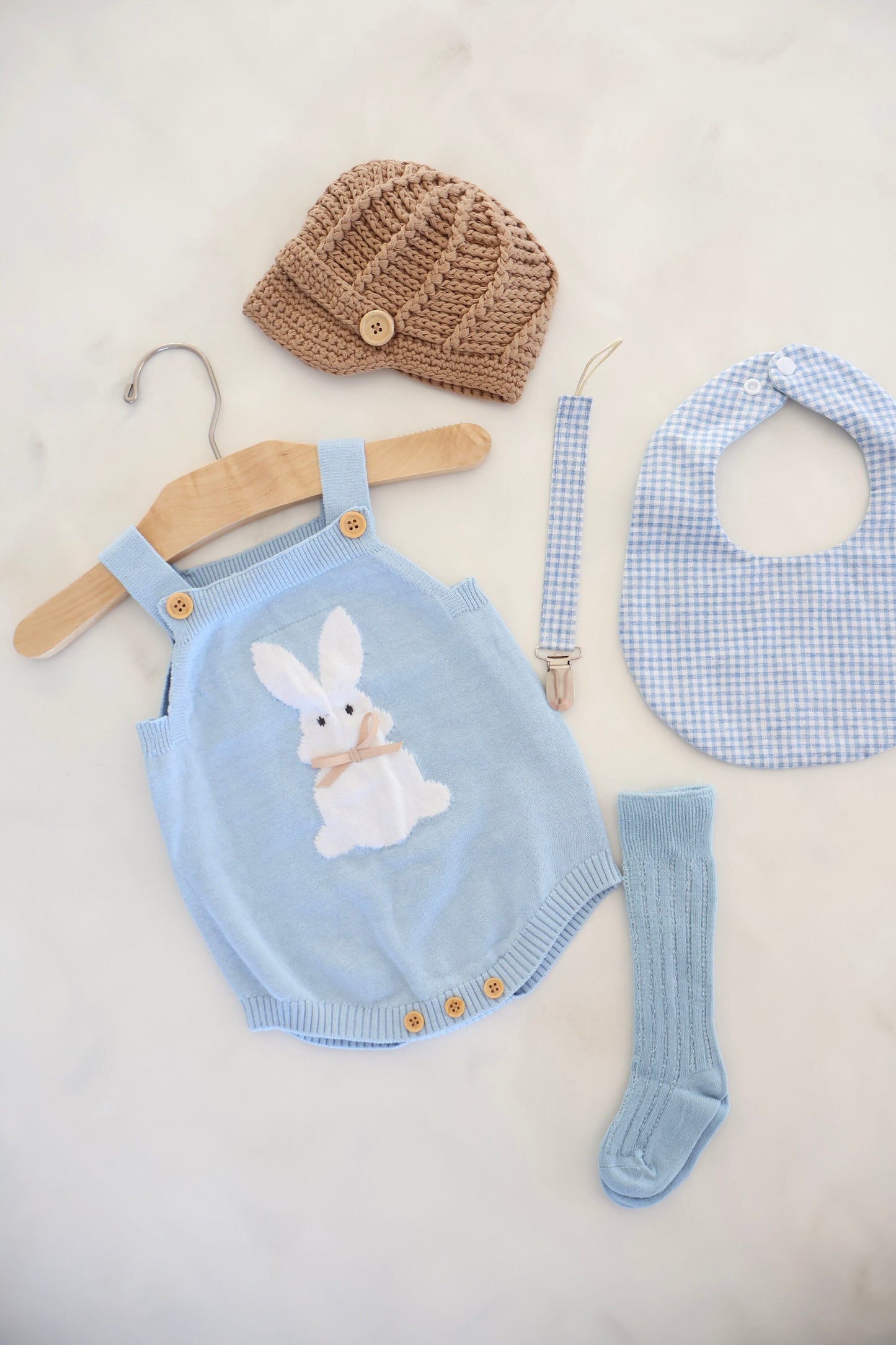 Spring Baby Boy Knit Romper, Easter Bunny Rabbit, Knee High Socks, Gingham Bib. Newborn Coming Home Outfit 1st Birthday Outfit Newsboy Hat