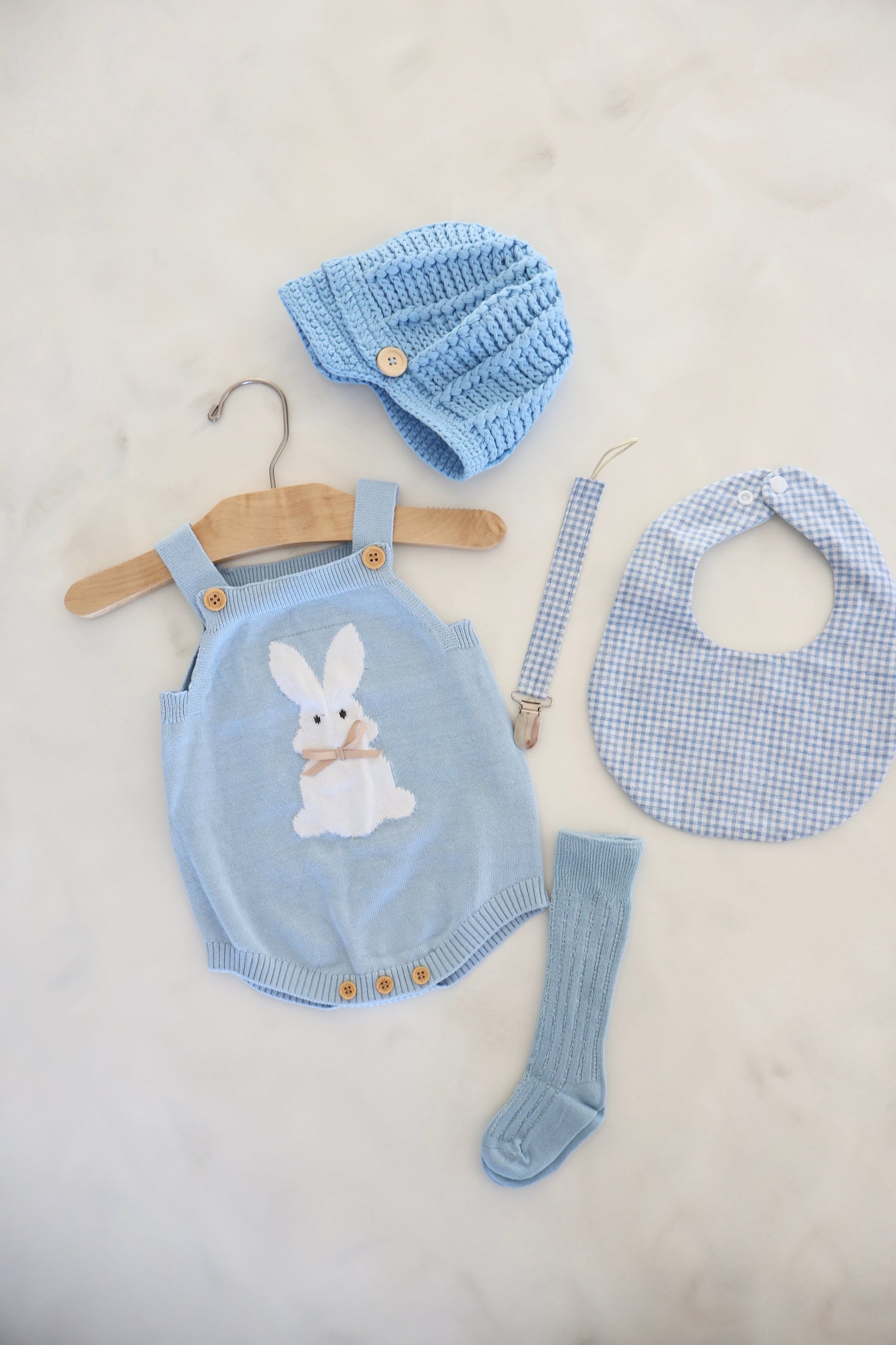 Spring Baby Boy Knit Romper, Easter Bunny Rabbit, Knee High Socks, Gingham Bib. Newborn Coming Home Outfit 1st Birthday Outfit Newsboy Hat