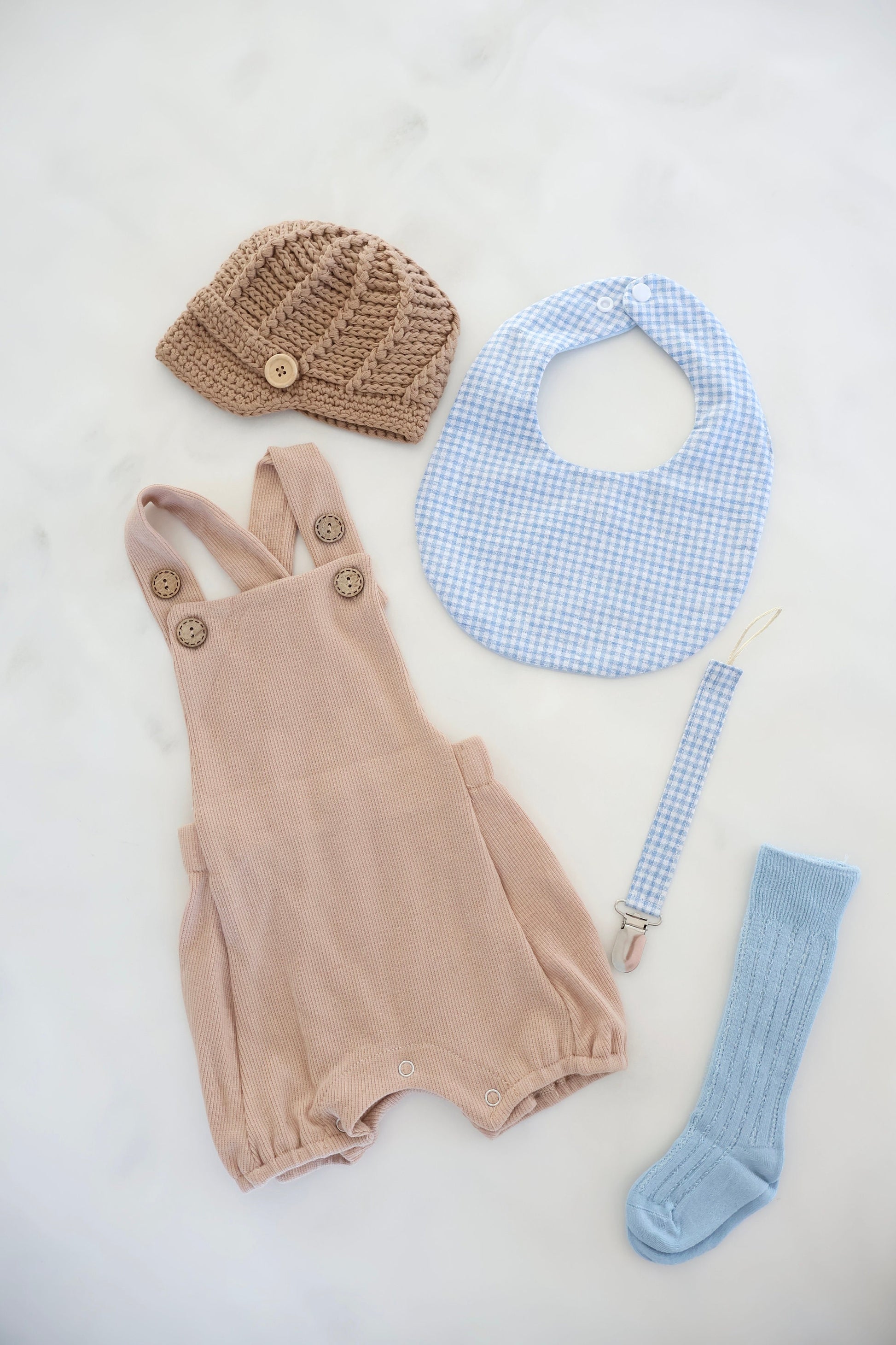 Spring Baby Boy Knit Overalls Romper Jumpsuit, Easter Outfit, Summer Outfit, Gingham Bib Newborn Coming Home Outfit 1st Birthday Newsboy Hat