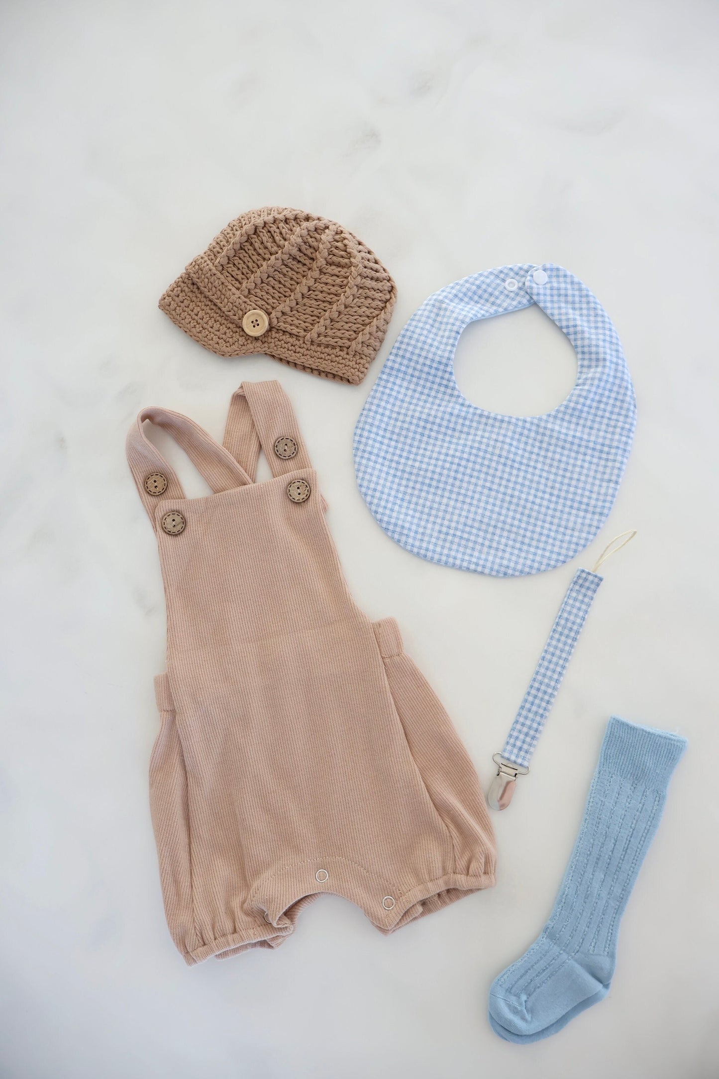 Spring Baby Boy Knit Overalls Romper Jumpsuit, Easter Outfit, Summer Outfit, Gingham Bib Newborn Coming Home Outfit 1st Birthday Newsboy Hat