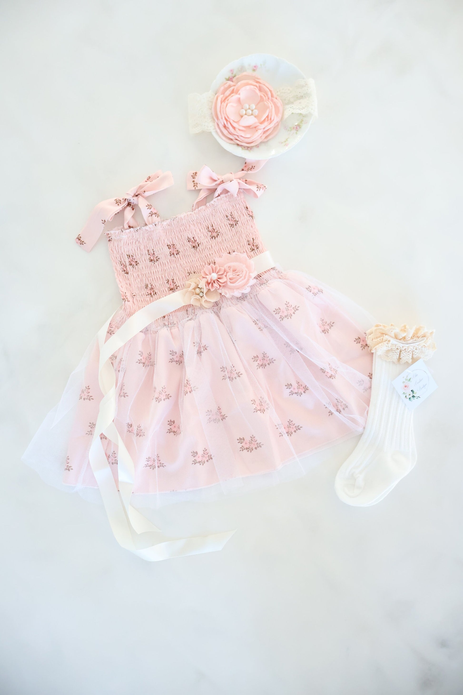 Baby Girl Easter Spring Summer Sundress, Smocked Roses, Tulle, Headband, Lace Edge Socks, Bow. Boho Outfit, Flower Girl Outfit, 1st Birthday