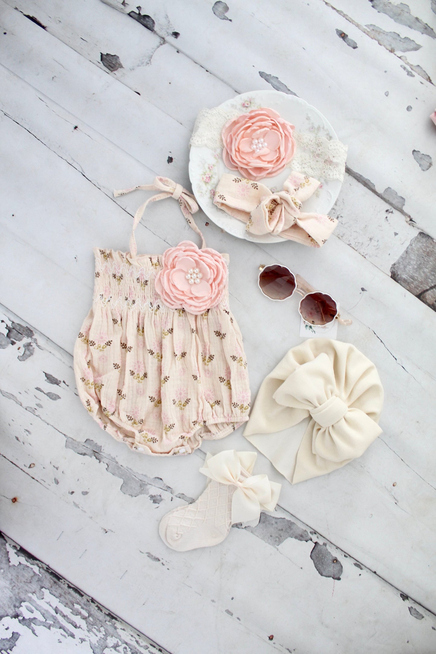 Easter Baby Girl Boho Smocked Floral Romper, Rose Clip, Bow or Rose Headband Spring Outfit Summer Outfit, 1st Birthday, Newborn Coming Home