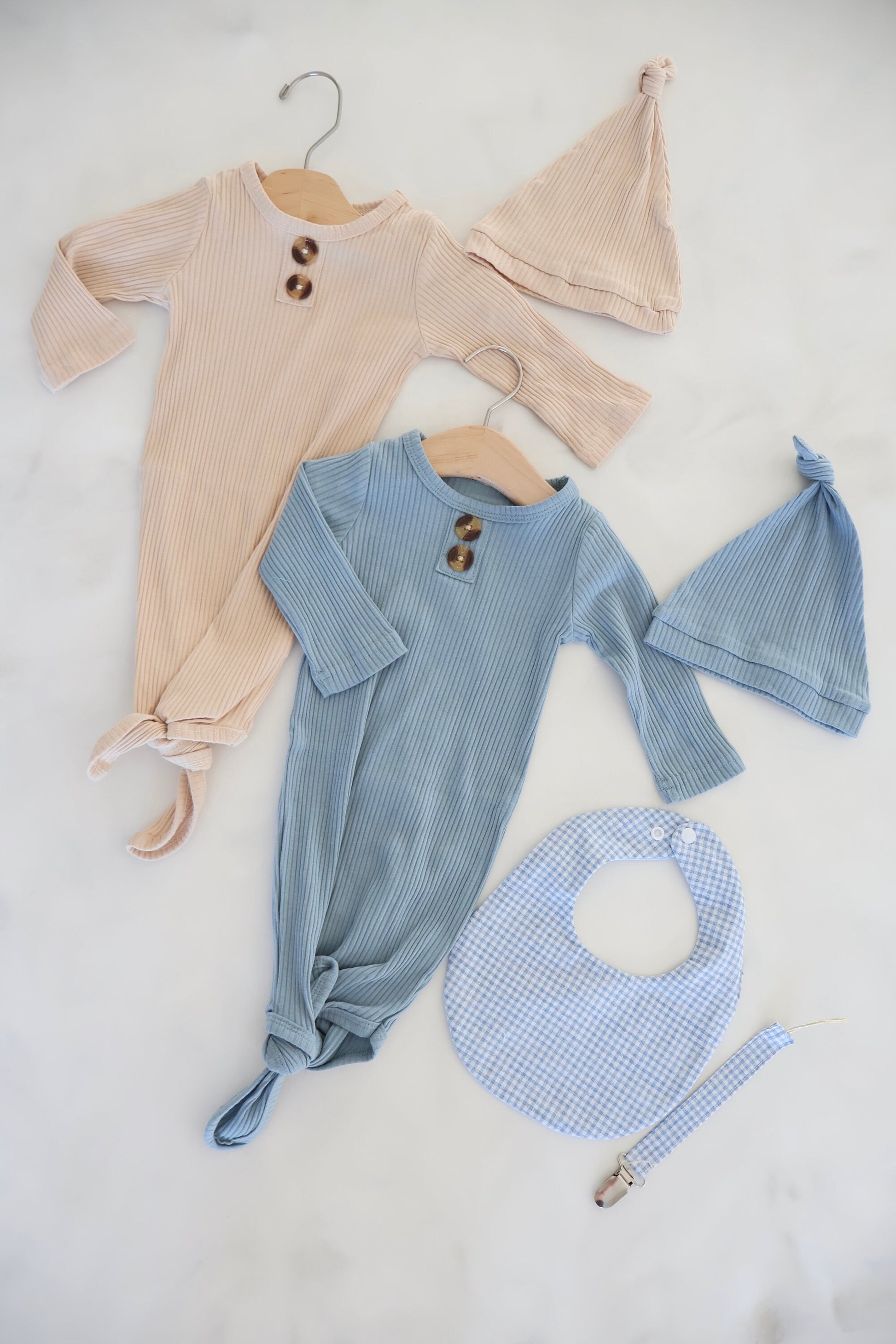 Newborn Baby Boy Coming Home Outfit, Bunting Gown & Hat Set, Gingham Bib, Pacifier Clip, Baby Shower Gift, Spring Summer Outfit Baby Gift