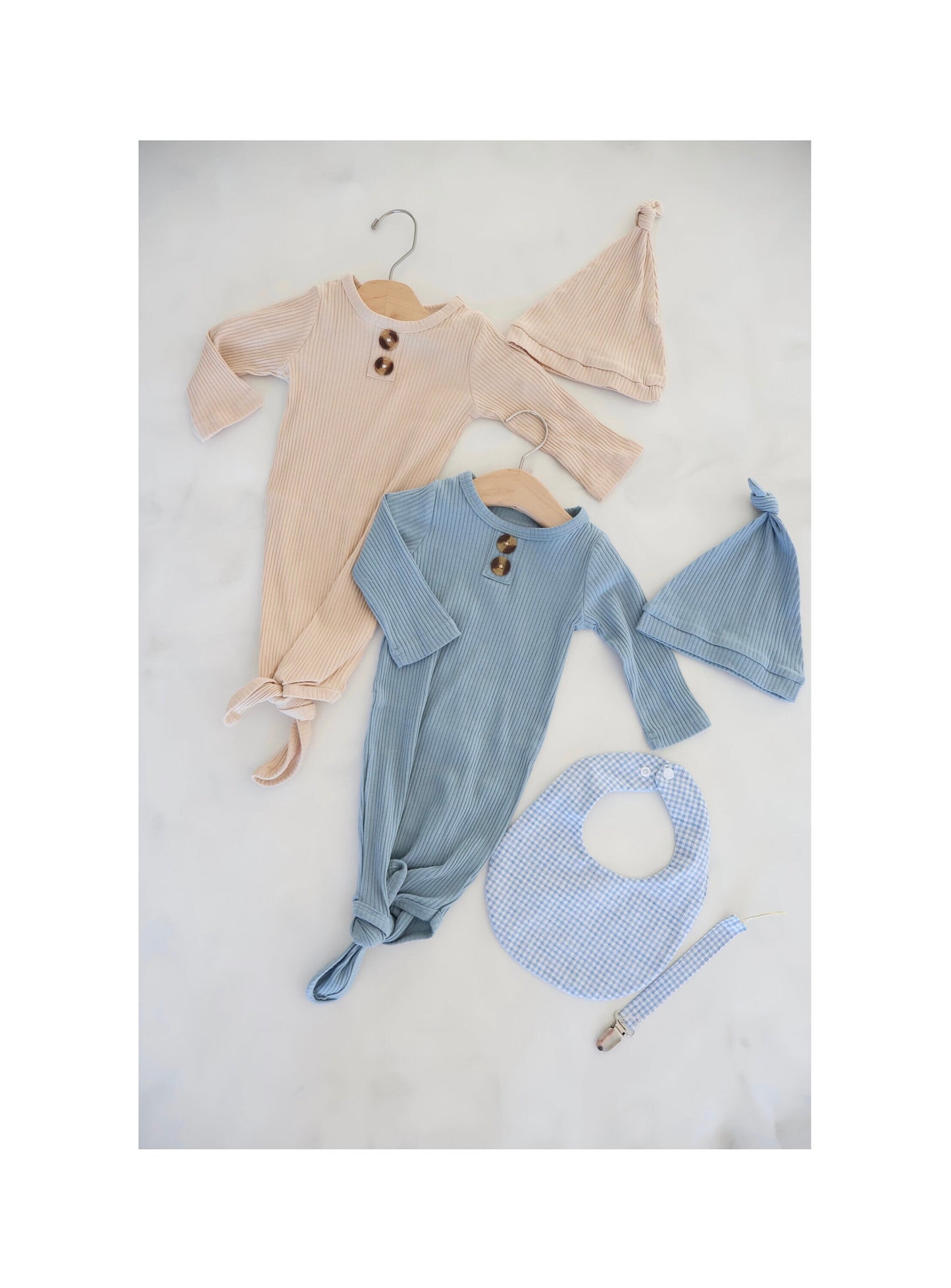Newborn Baby Boy Coming Home Outfit, Bunting Gown & Hat Set, Gingham Bib, Pacifier Clip, Baby Shower Gift, Spring Summer Outfit Baby Gift