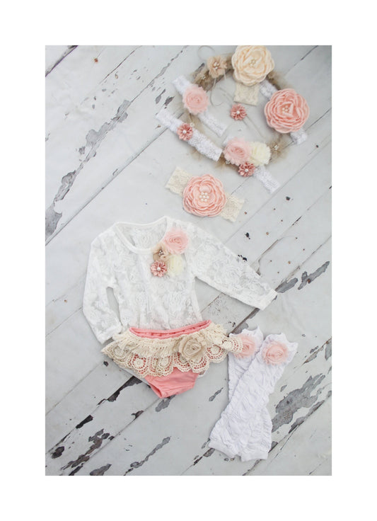 Easter Spring White Lace Bodysuit Baby Girl Boho Lace Bodysuit w Floral Collar Boho Bloomer Birthday Mommy Me Newborn Coming Home Outfit